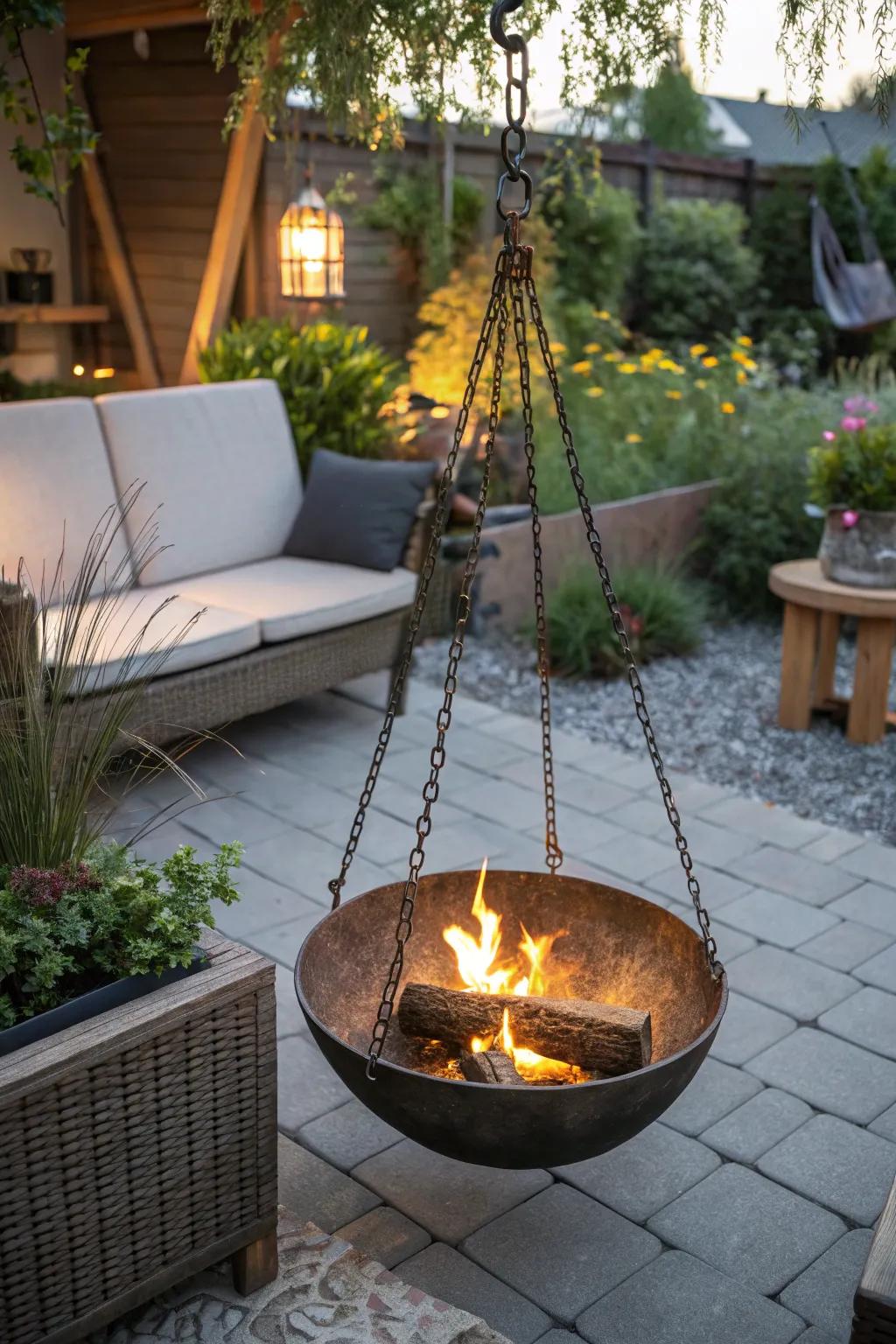 Elevate your outdoor space with a hanging fire bowl.