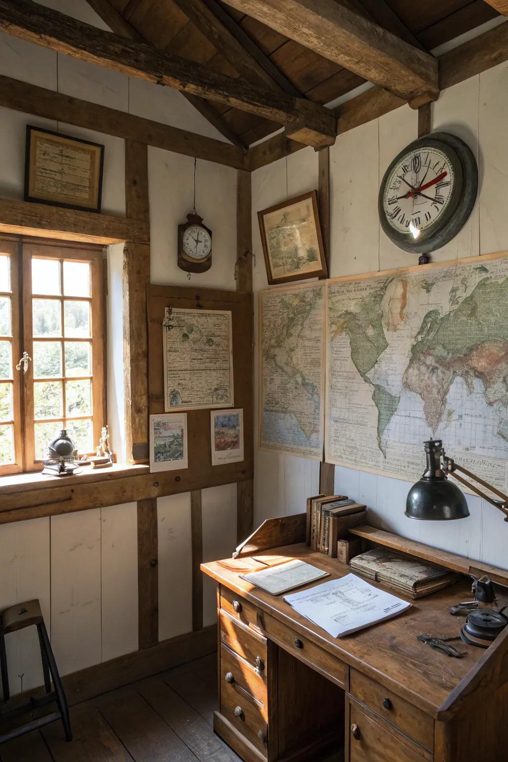 Vintage decor adds character and history to a rustic office.