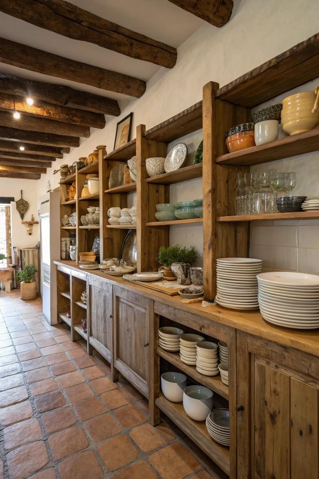 Open shelving showcases dishes and incorporates a homely accent.