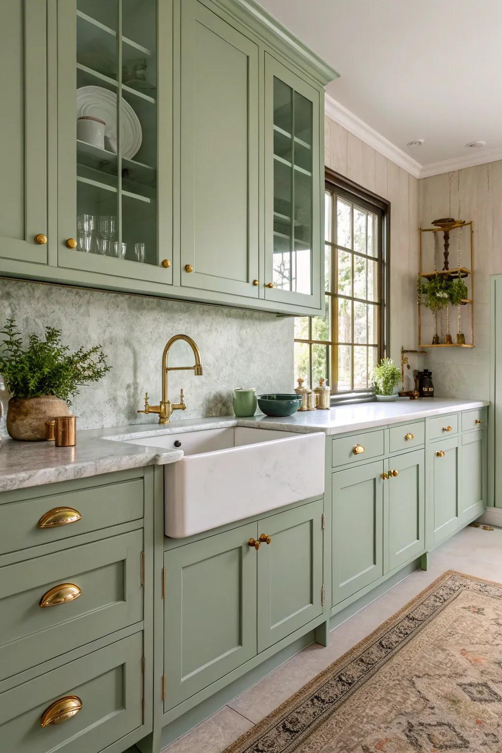 Copper accents incorporating a luxurious touch to a verdant cooking area.