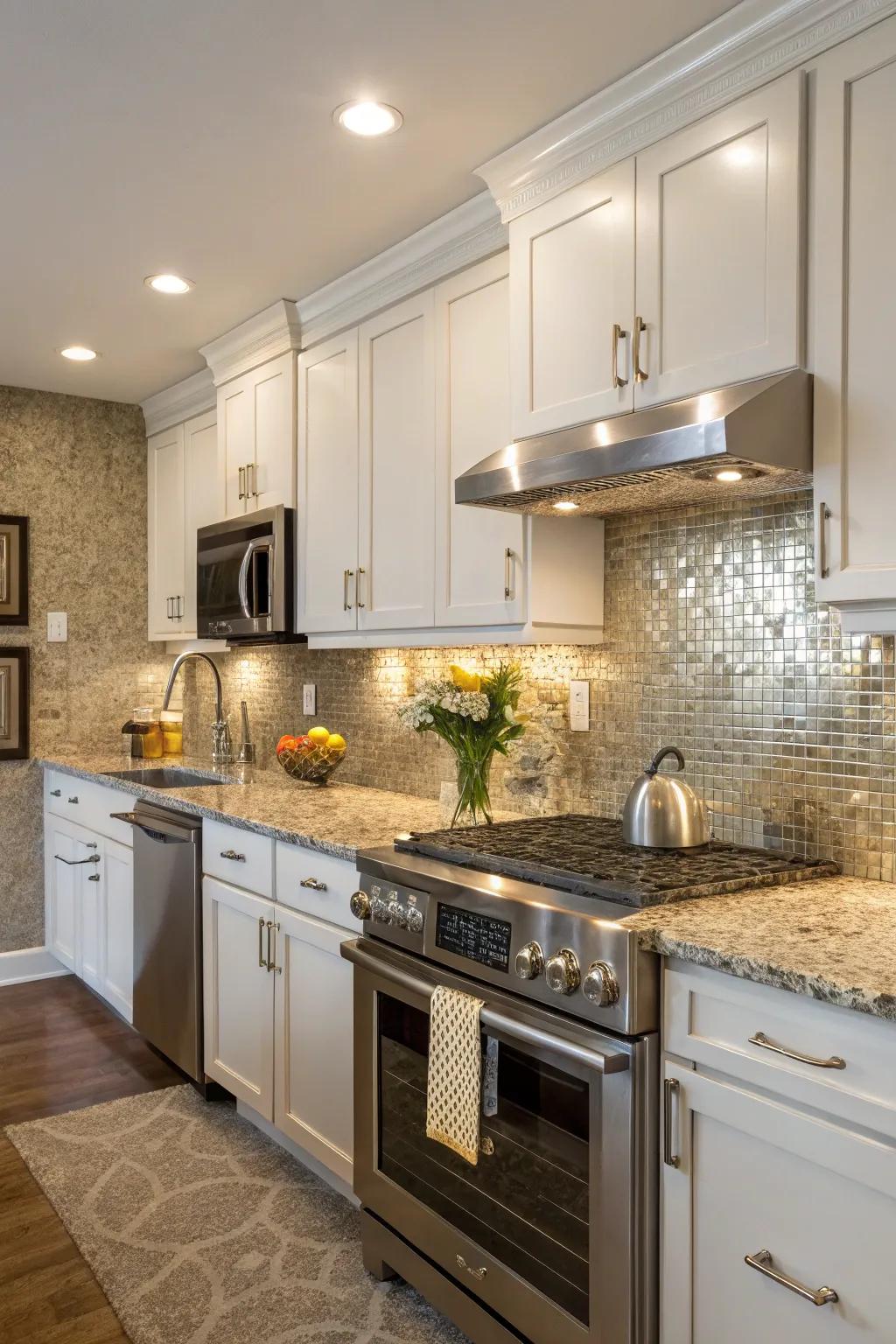 Metallic tiles introduce a contemporary edge to 'Saint Sesilia' stone.