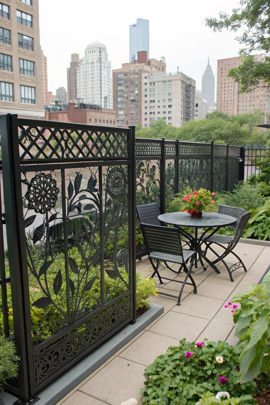 Artistic perforations on a steel barrier append a distinctive touch to this urban garden.