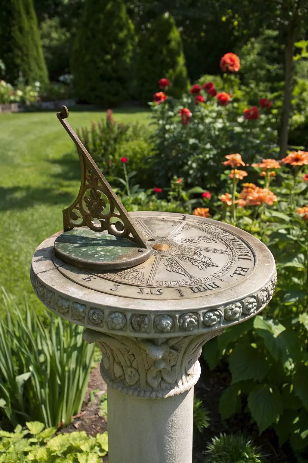 A sundial transforms a septic pipe into an elegant garden feature.