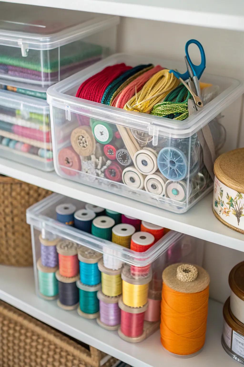 Clear containers help maintain an organized and efficient sewing space.