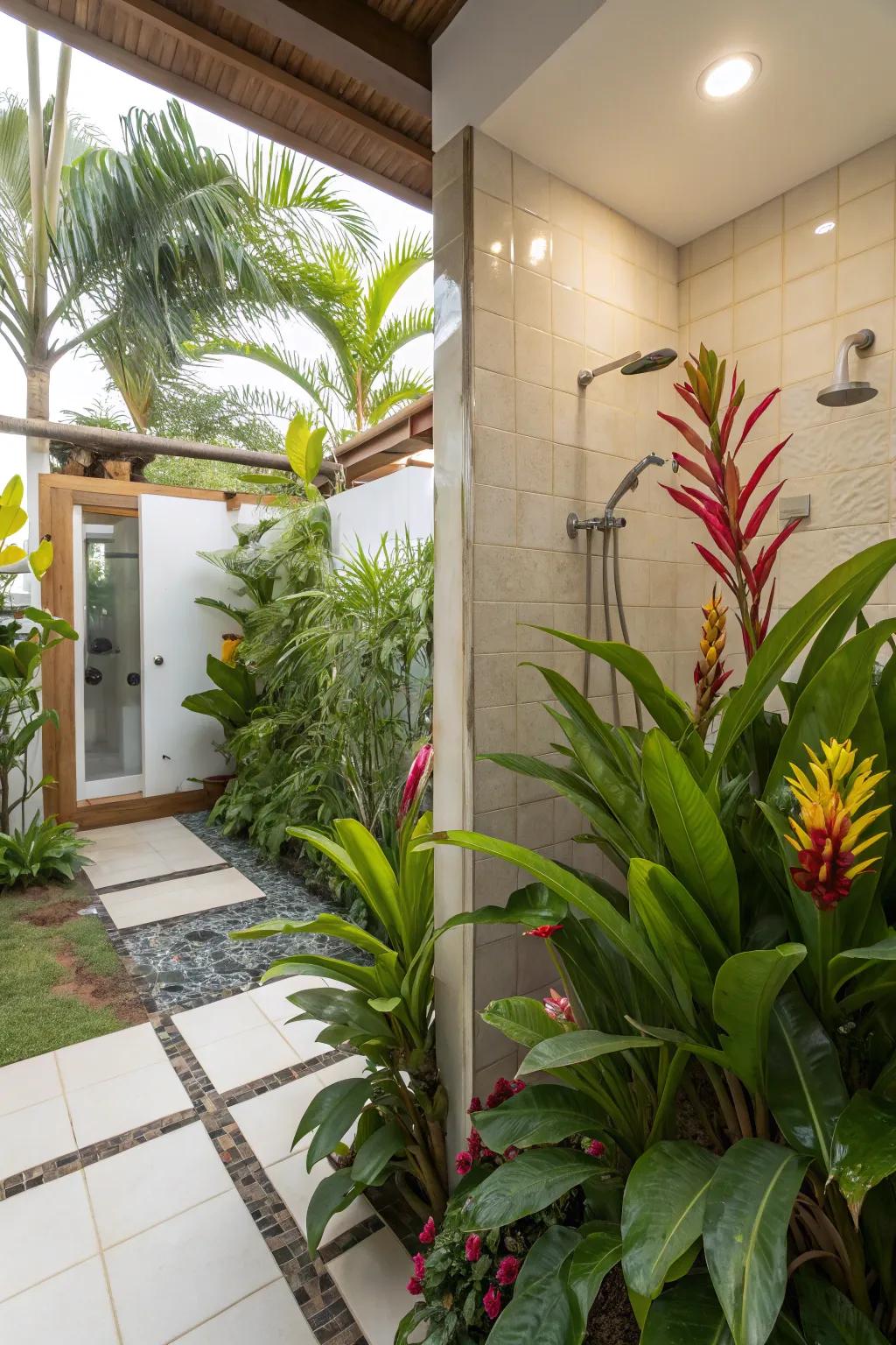 Tropical plants thrive in the humid environment of a bathroom.