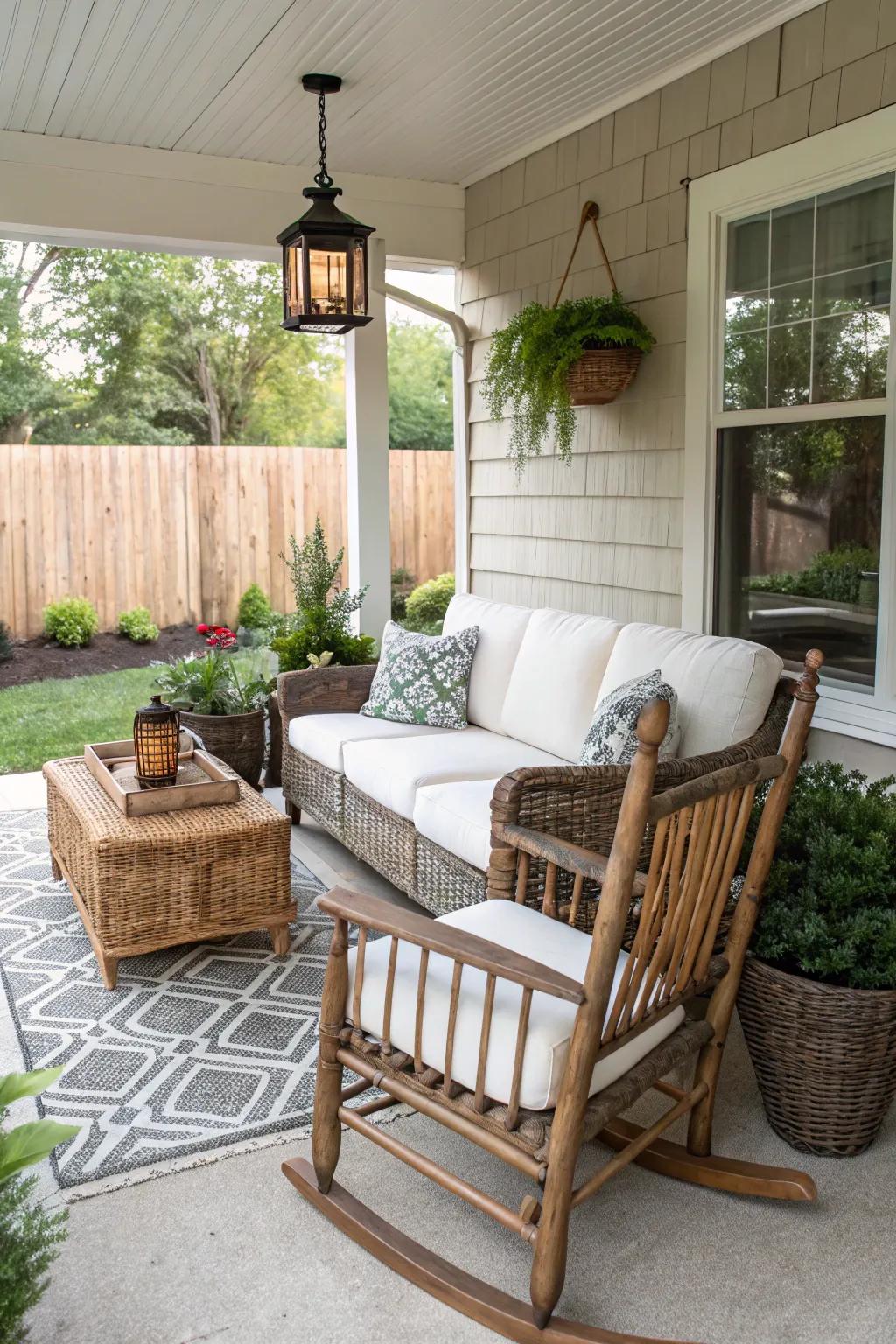 Stylish outdoor furniture adding character to the side porch.