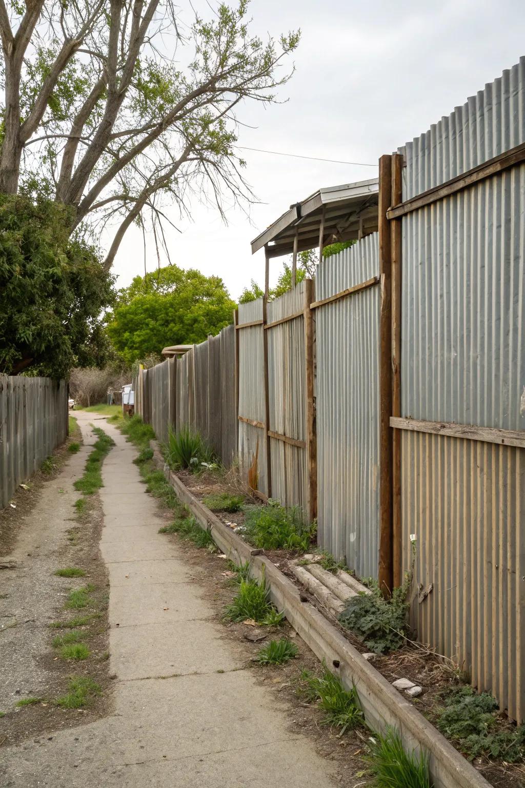 Industrial side yard with corrugated metal fence.