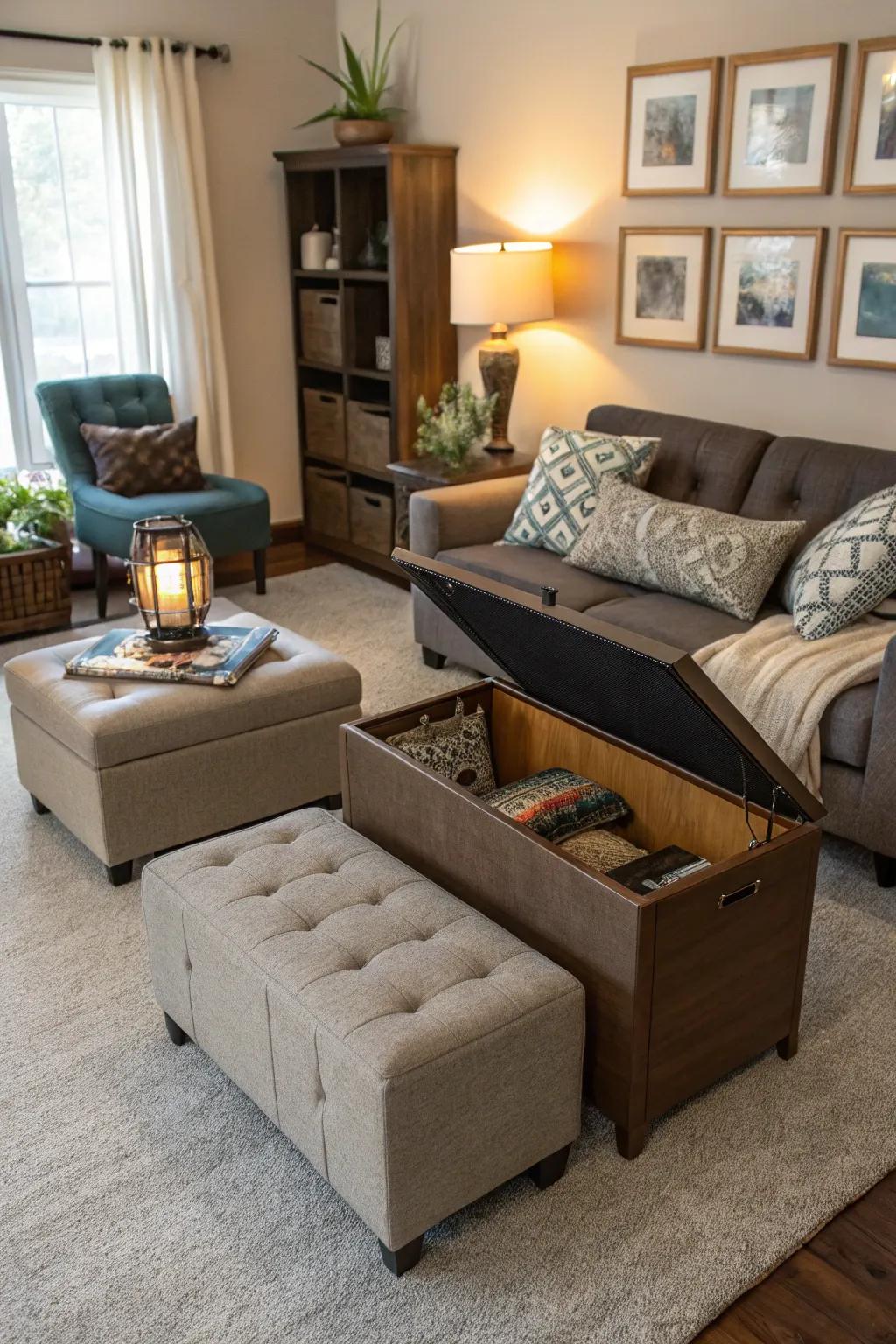 Multi-functional furniture helps keep a living room tidy and efficient.