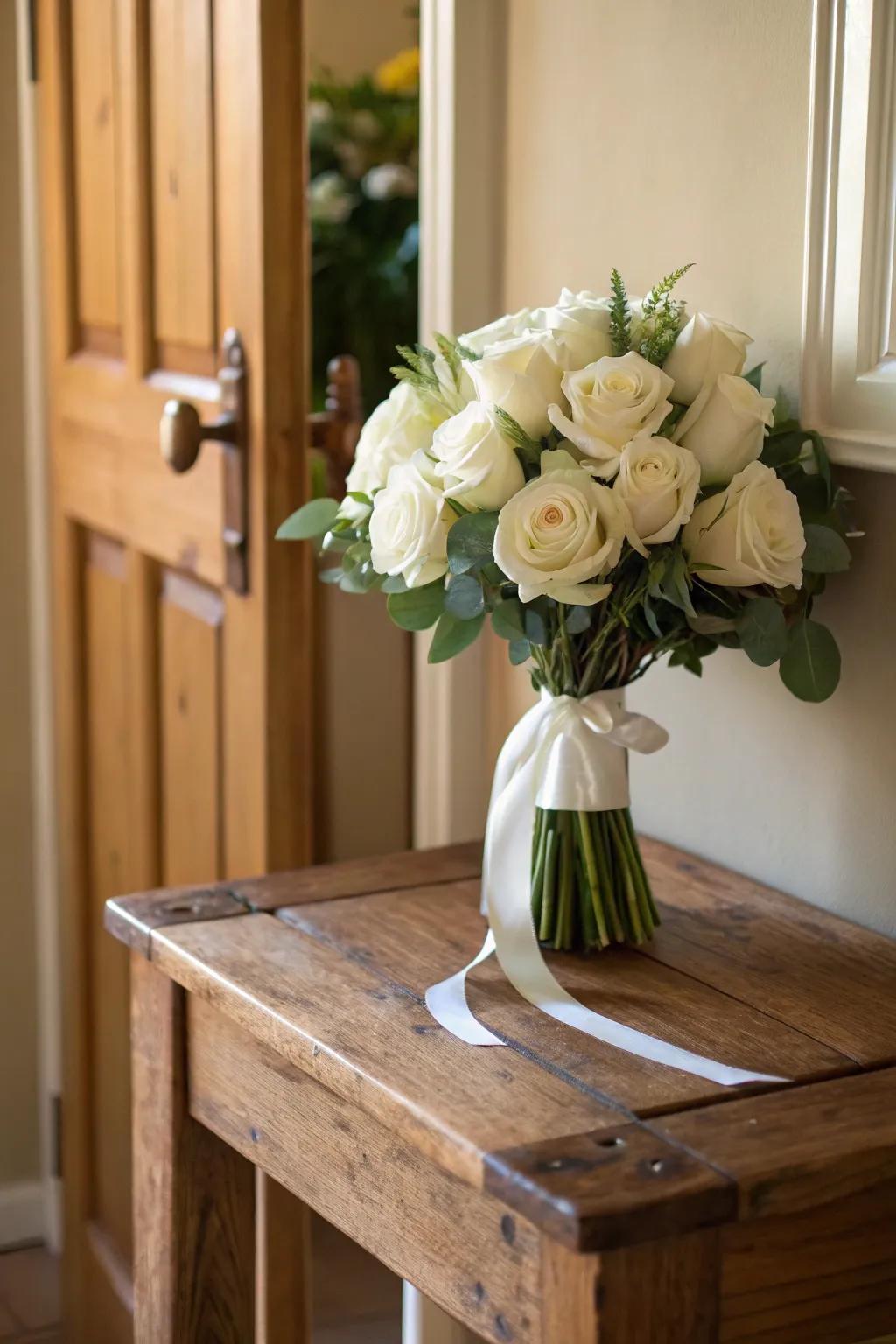 A fabric strip adds a touch of elegance to a rose arrangement.