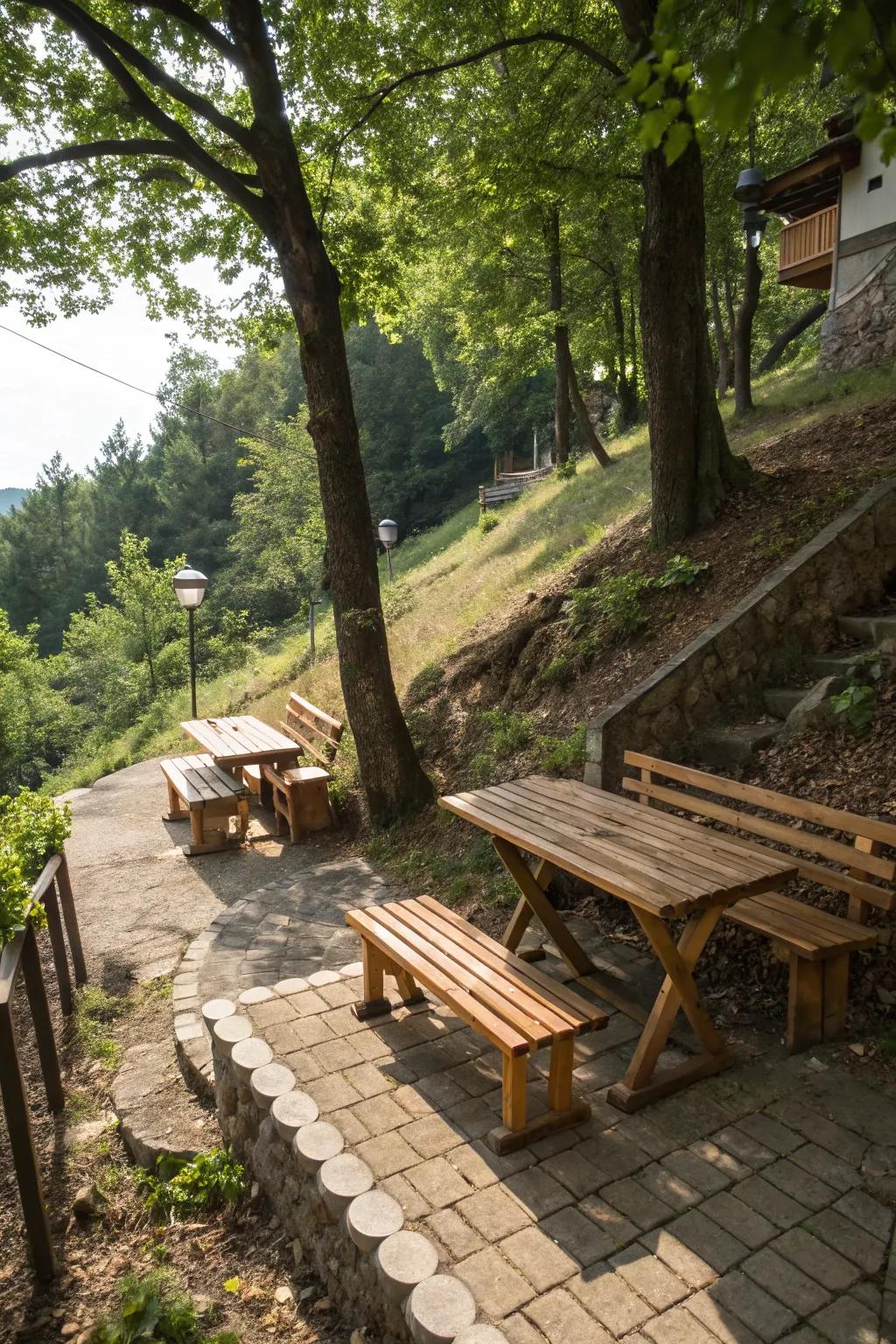 A seating area invites relaxation on any slope.