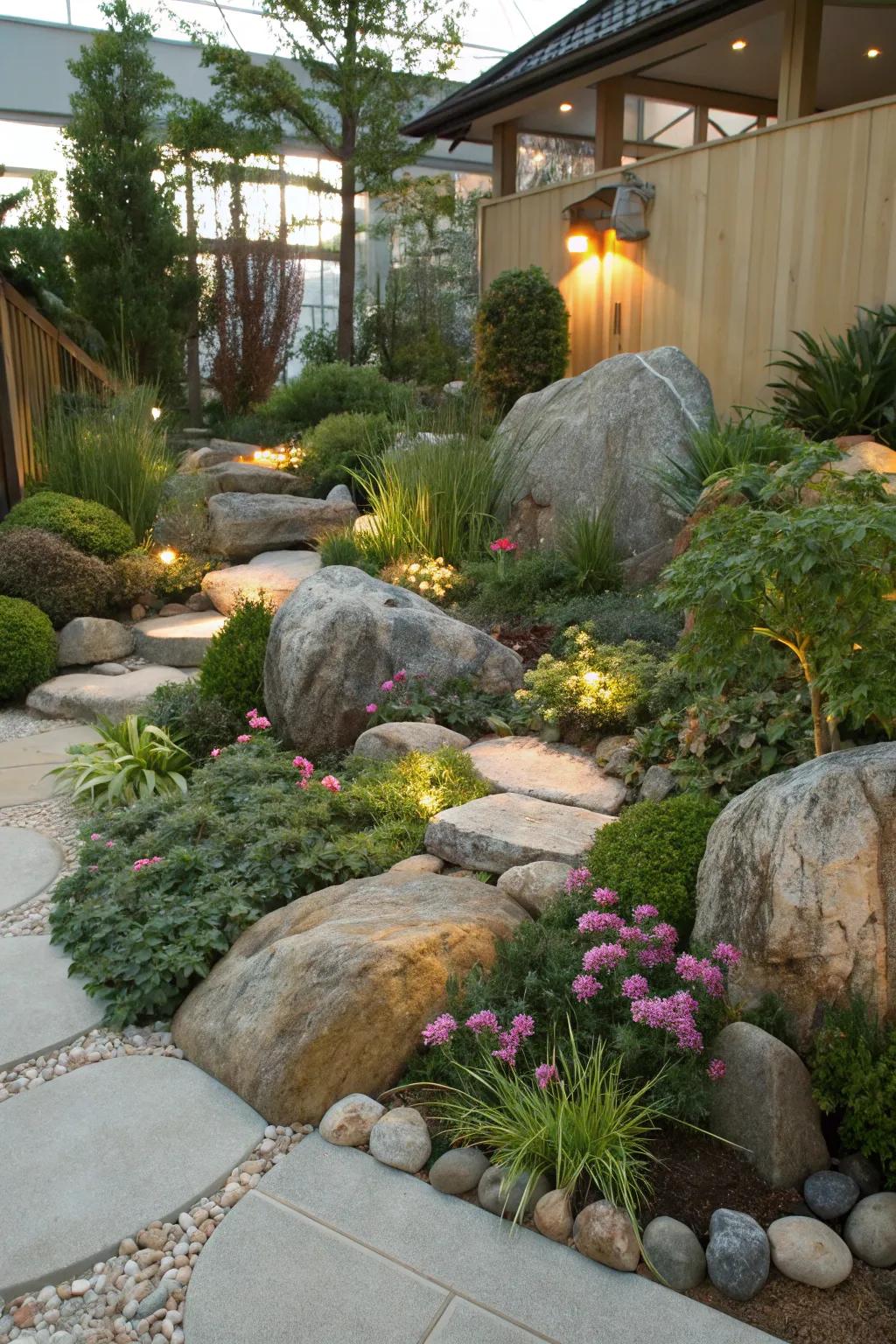 Rock garden accents create a natural, textured landscape.