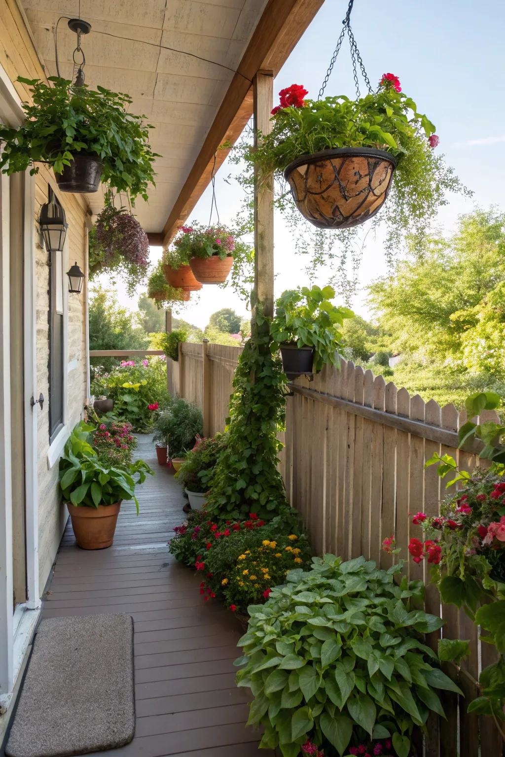 Lush greenery adds a refreshing touch to a small rear veranda.