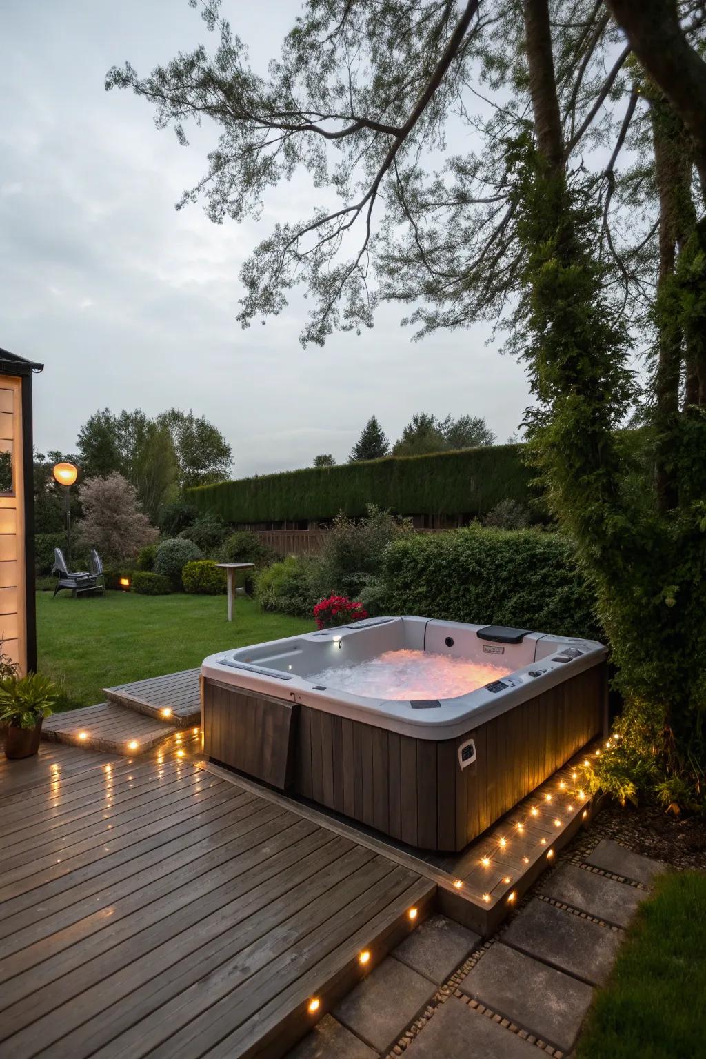 A backyard spa with subtle ambient lighting, suited for evening relaxation.