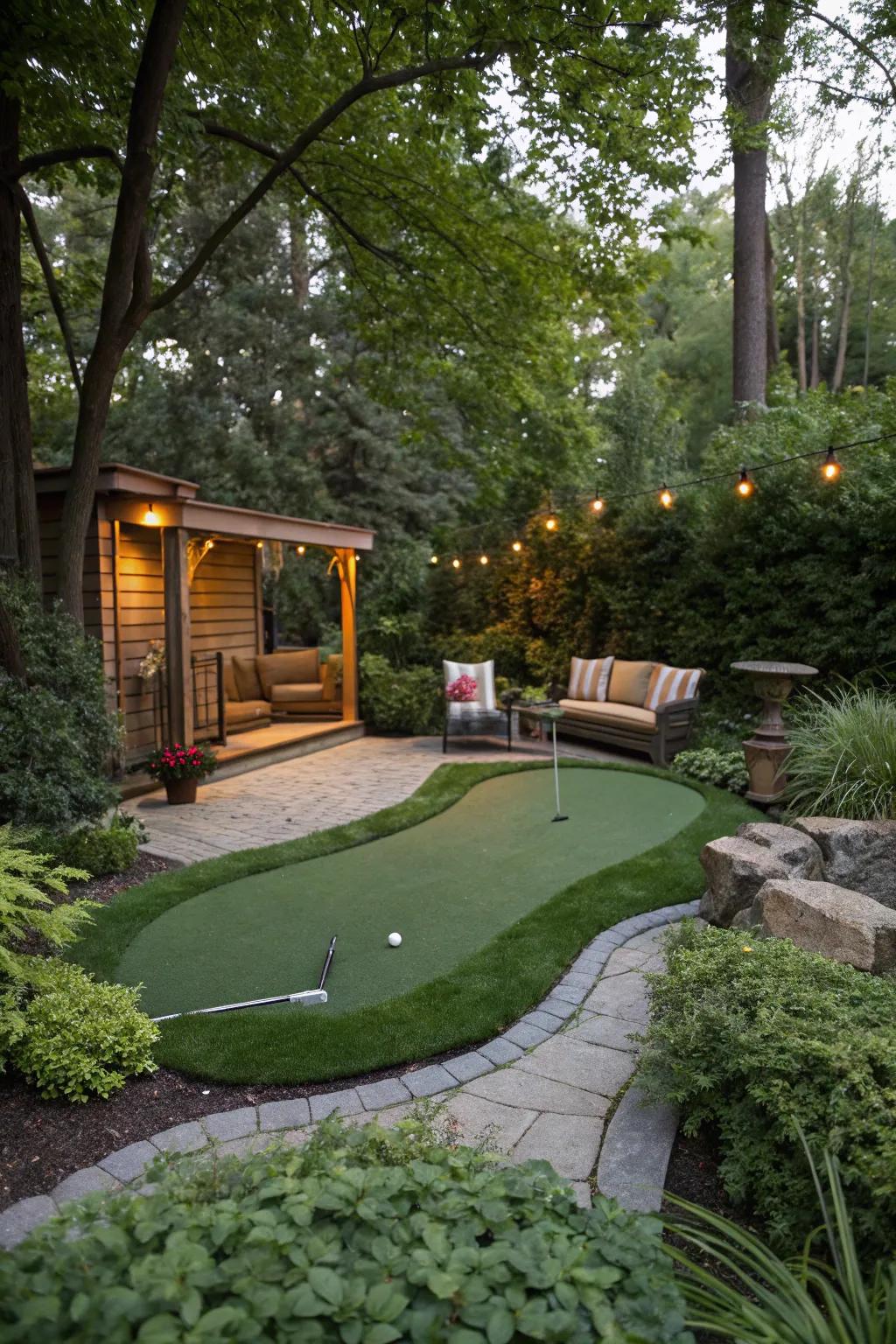 A soothing seating zone beside a backyard putting green.