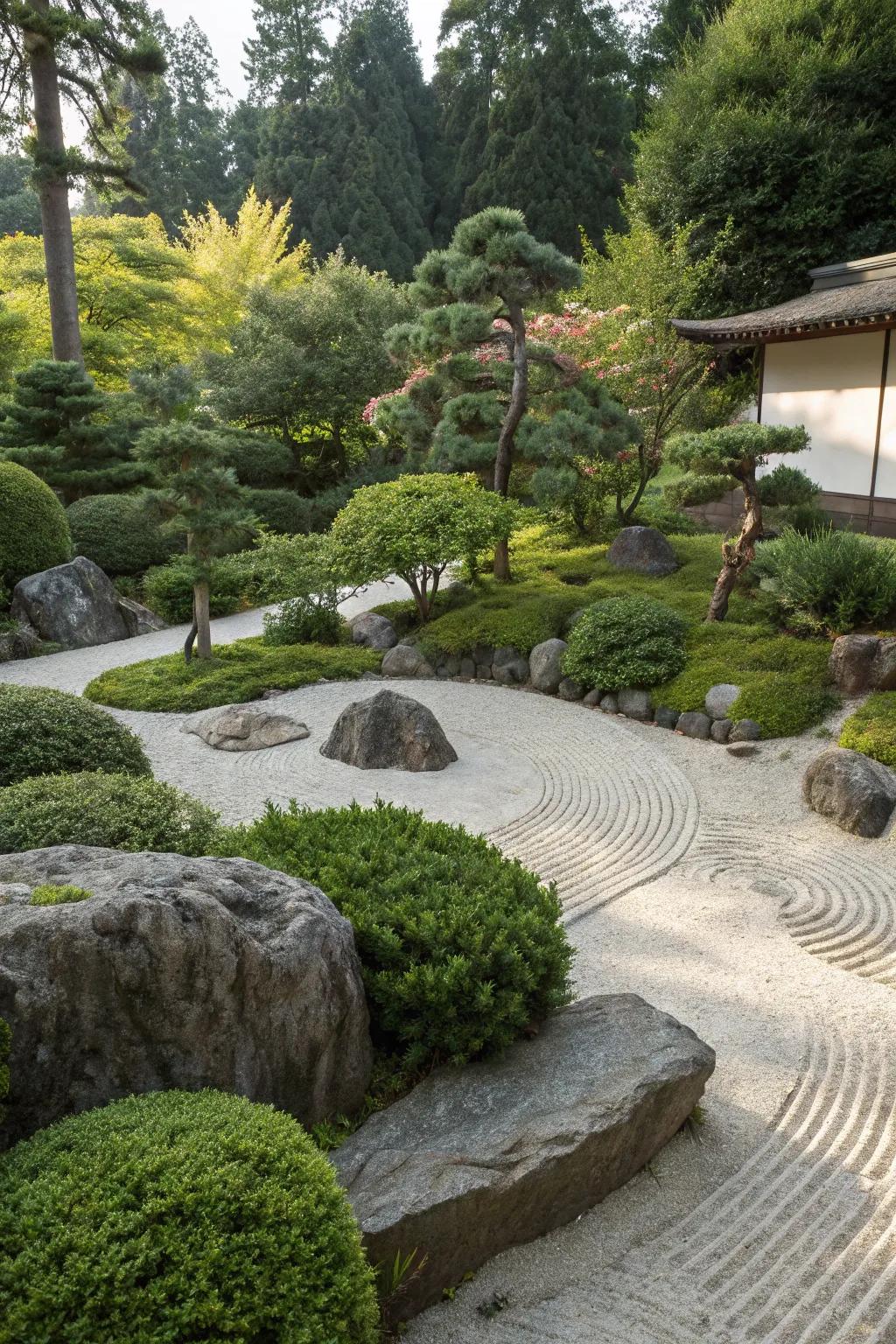 A zen garden exhibits layered bushes and small trees that provide depth and seclusion.
