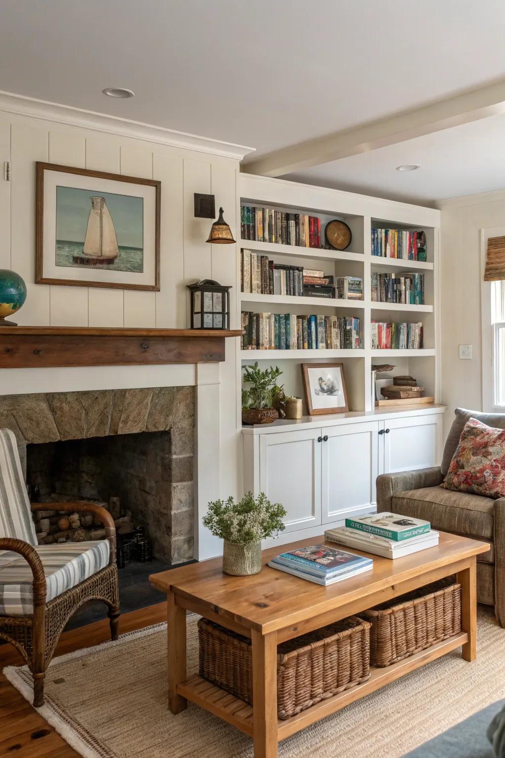 Wall-mounted shelves make efficient use of vertical space.