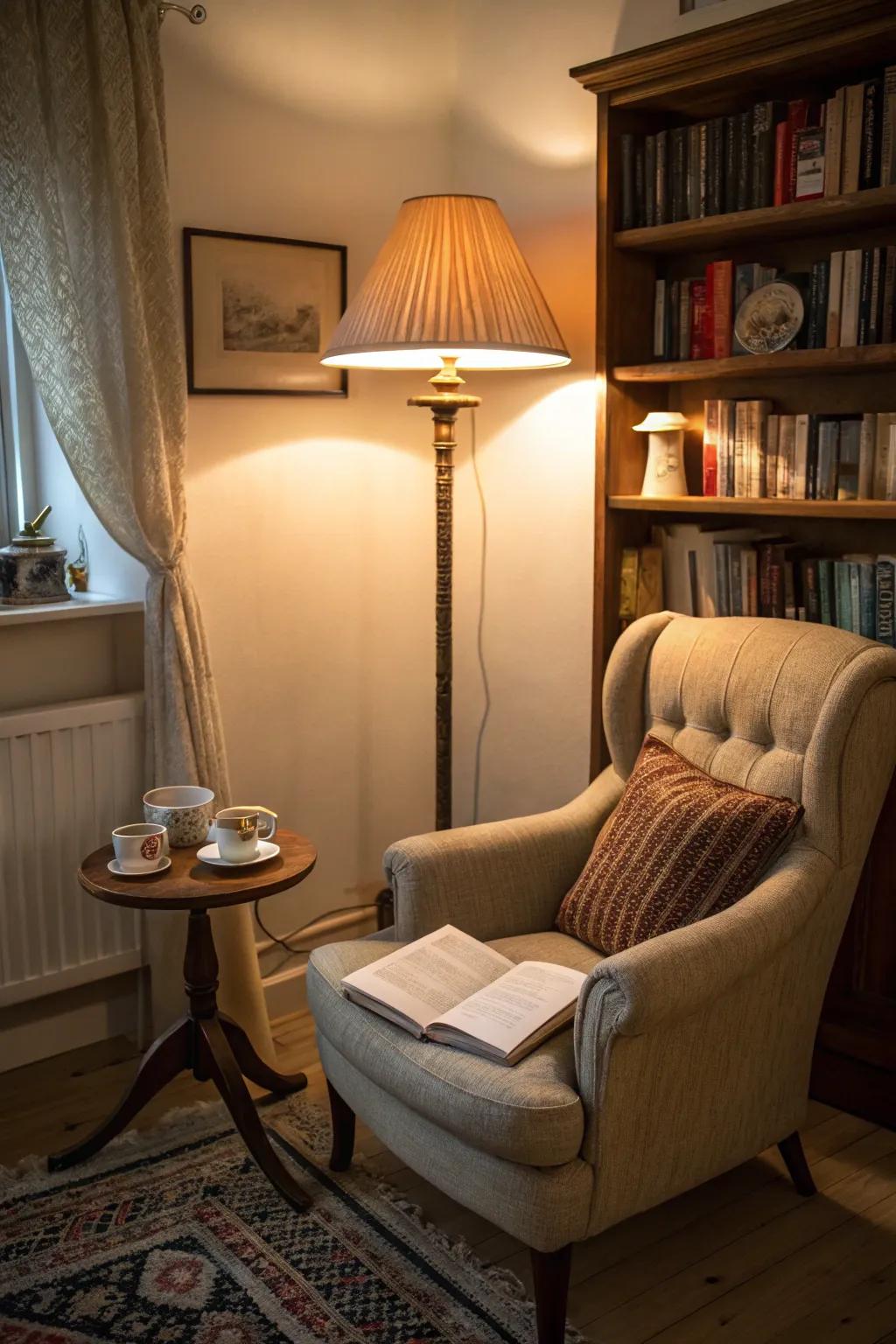 Warm lighting creates a comforting atmosphere for reading.