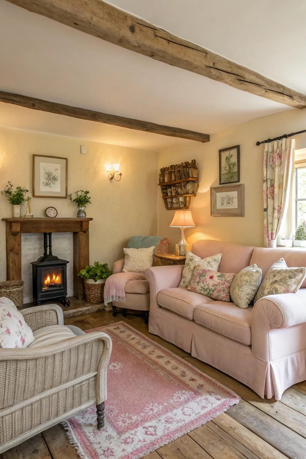 Soft, earthy tones and pastels create a soothing atmosphere in this cottage living room.