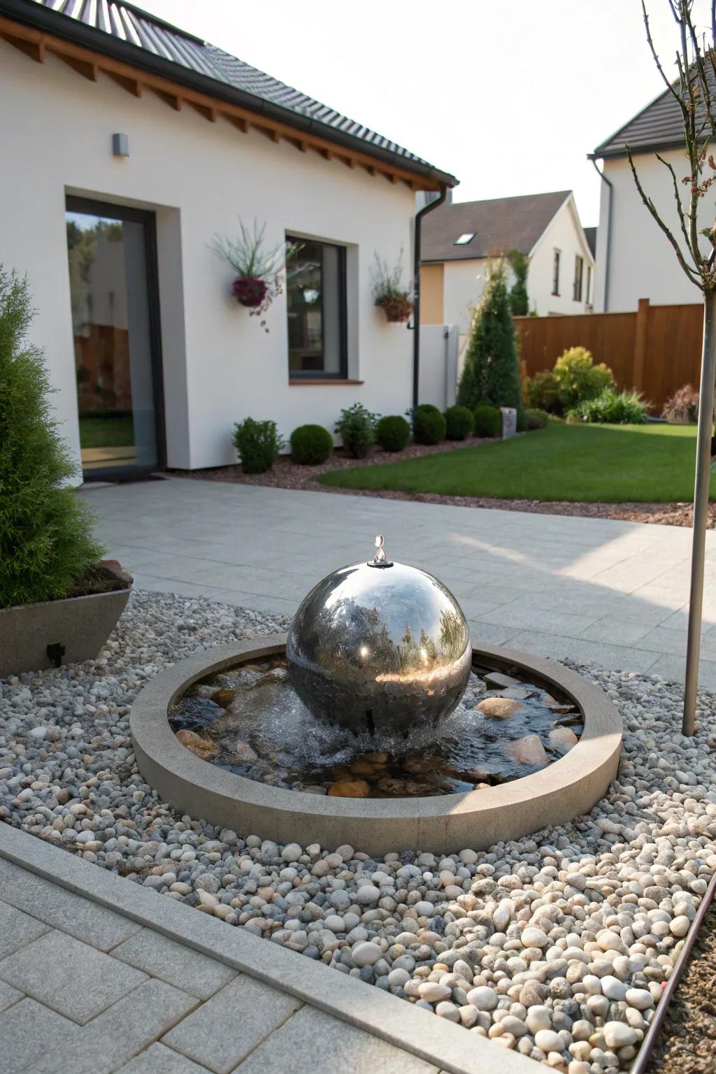 A metal sphere fountain adds modern sophistication.