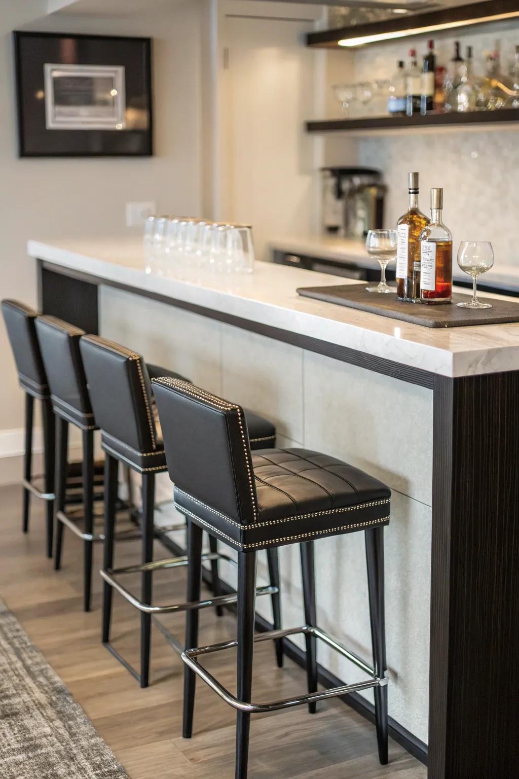 Your home bar will look tidy and fashionable with compact seating options.