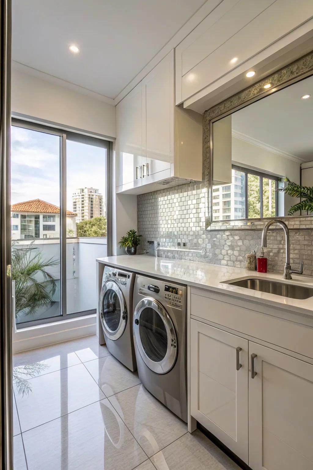 A kitchen and laundry area with reflective surfaces to amplify natural light.