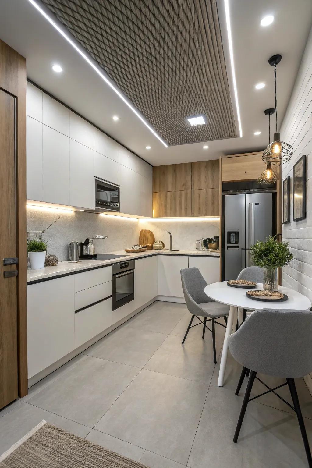 Minimalist ceiling designs streamline small kitchen spaces.