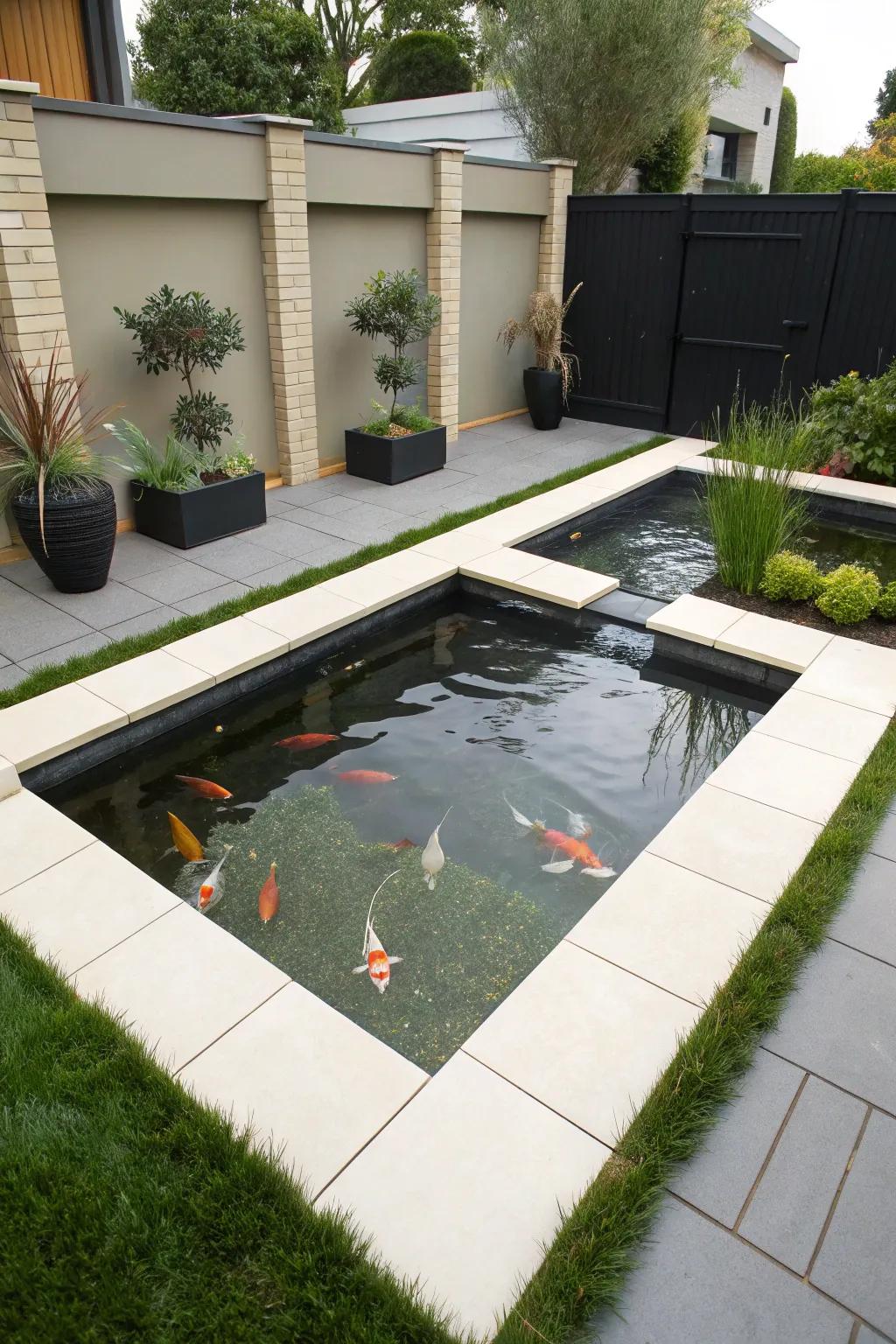 A modern square koi pond with smooth geometric lines.