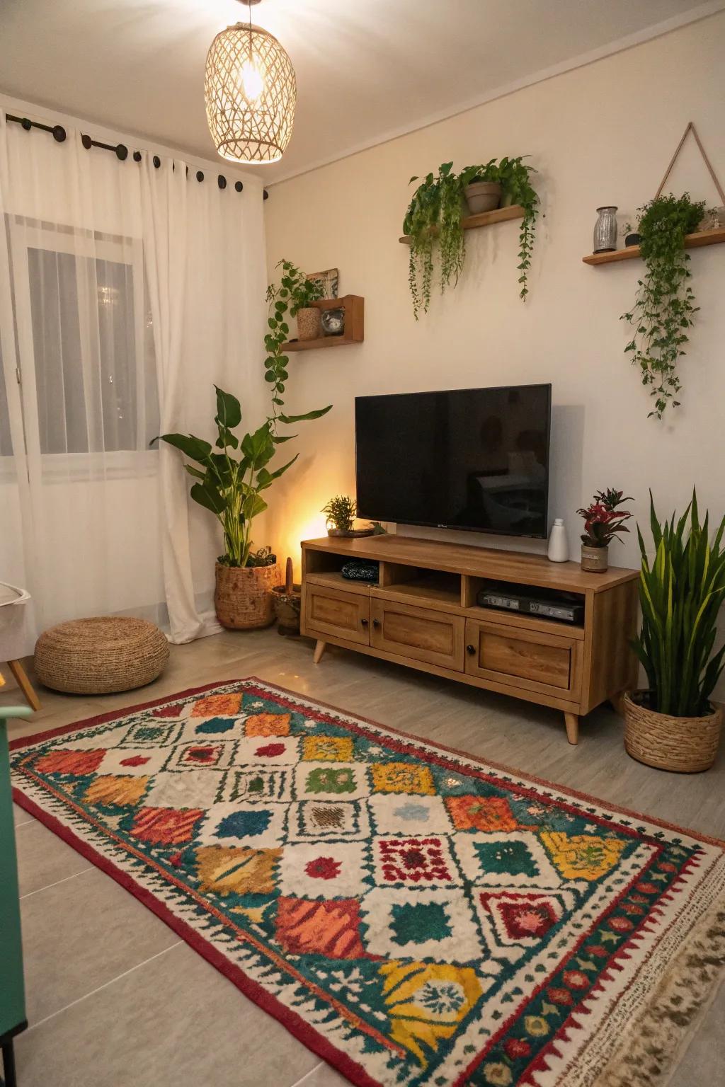 Accents like plants and rugs infuse warmth and style without occupying significant space.