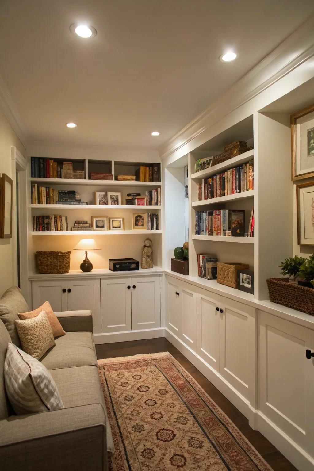 Built-in shelving offers efficient storage without encroaching on floor space.