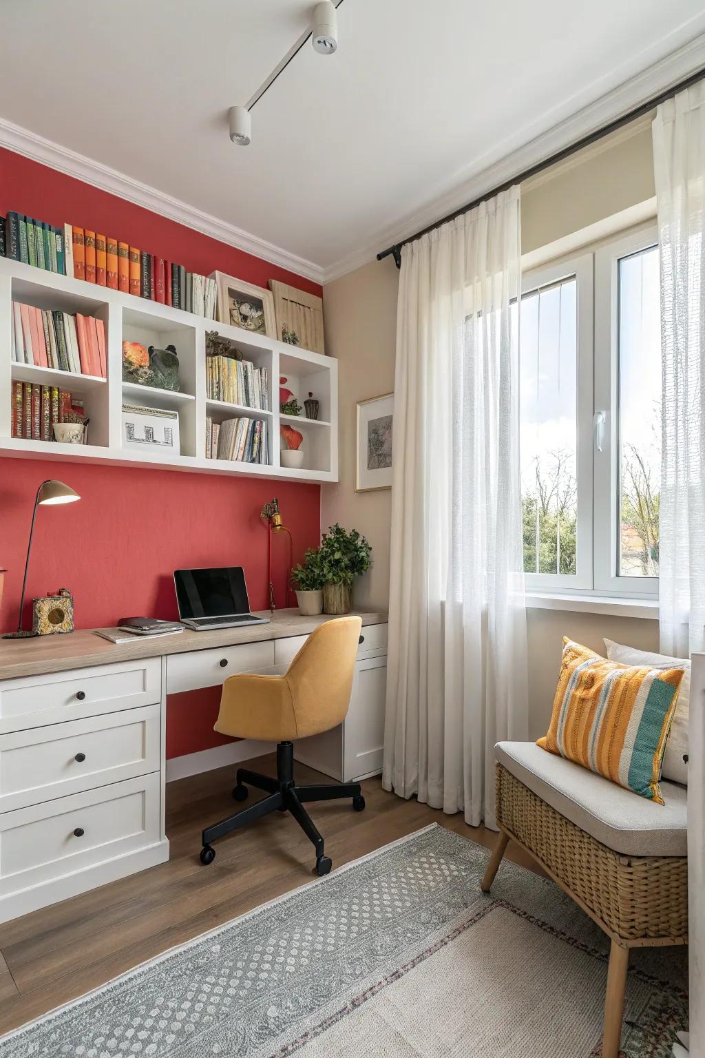 An accent wall adds depth and character to a small office.