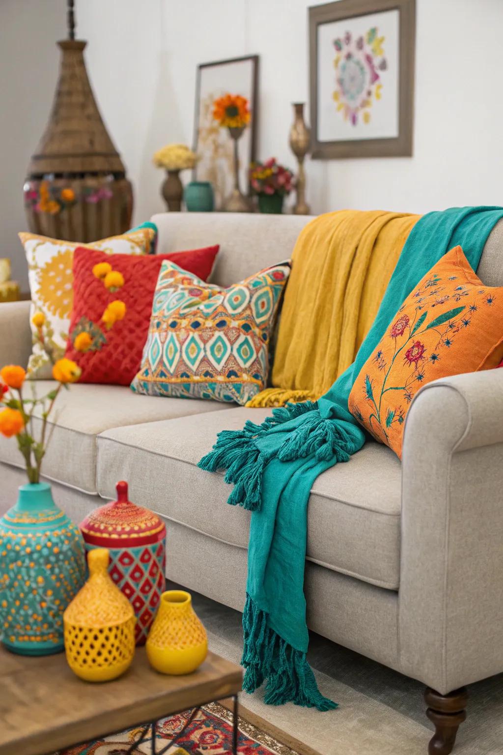 Neutral sofas are revitalized with striking accents and seasonal decor.