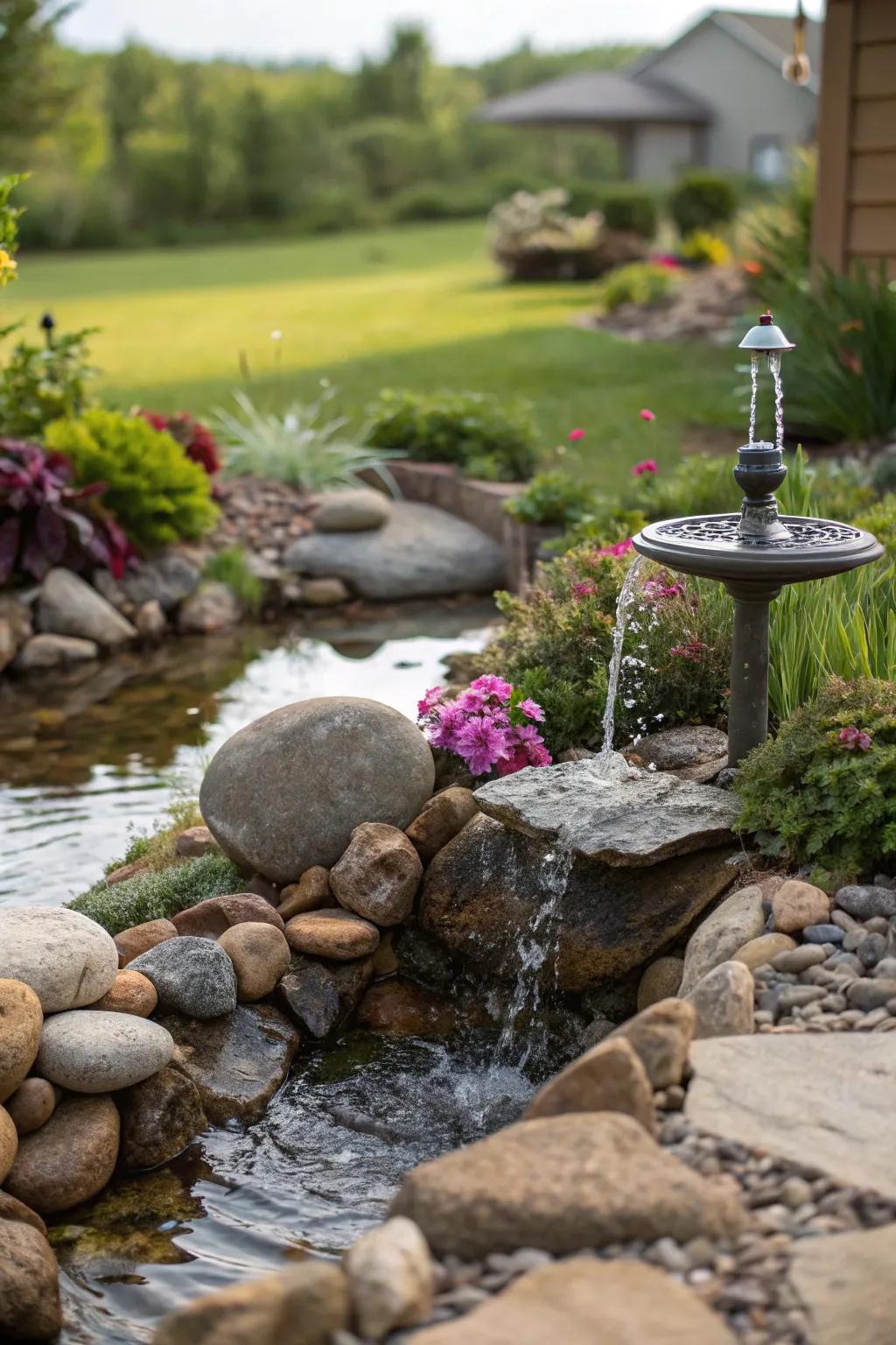 A natural rock garden amplified by a solar-operated fountain.