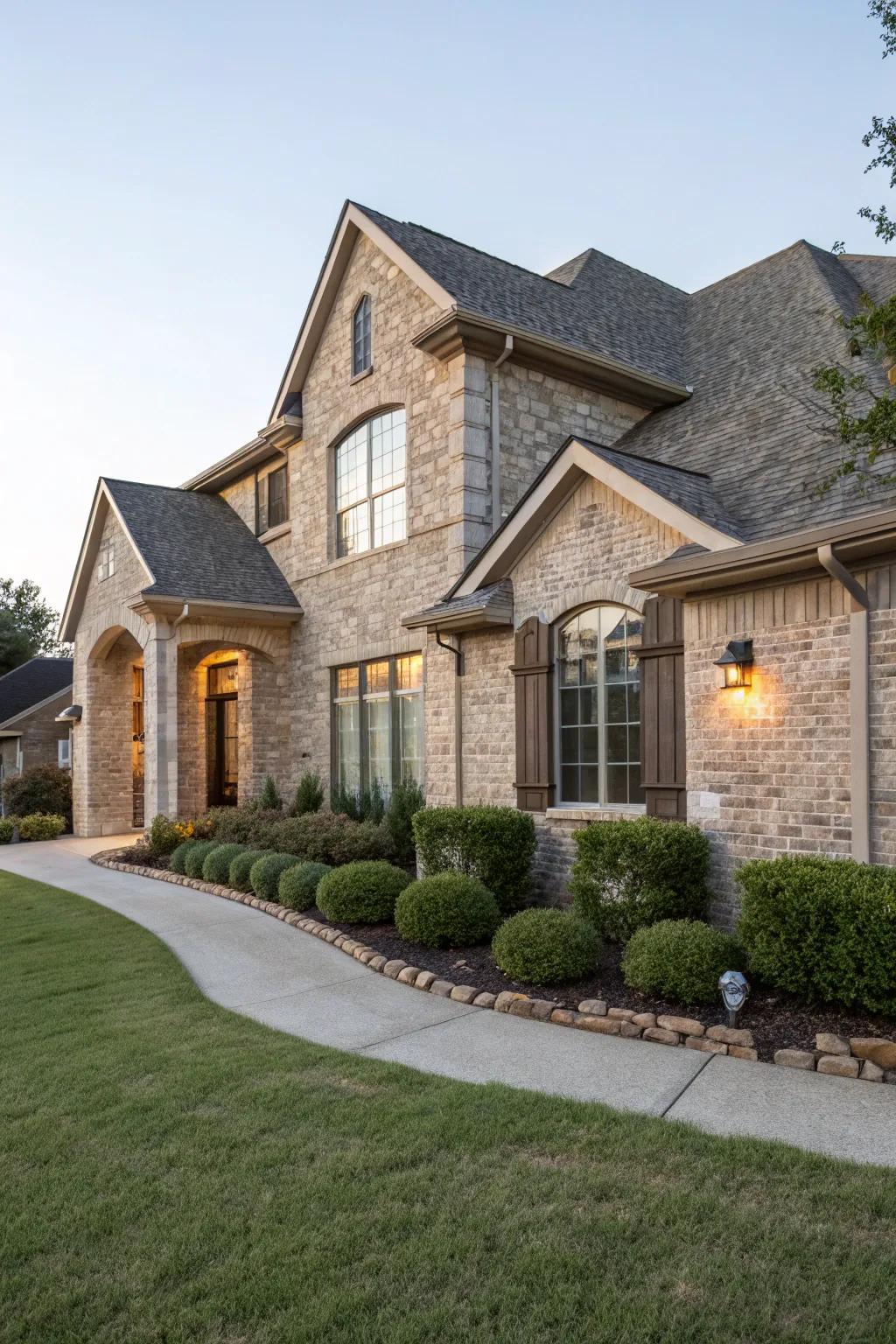 Natural refinement with tan brick and grey fieldstone.