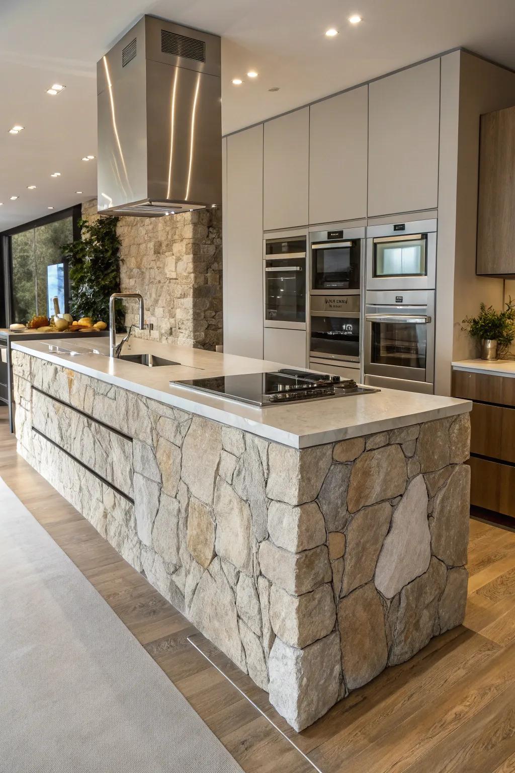 A stone kitchen island with seamlessly integrated appliances.
