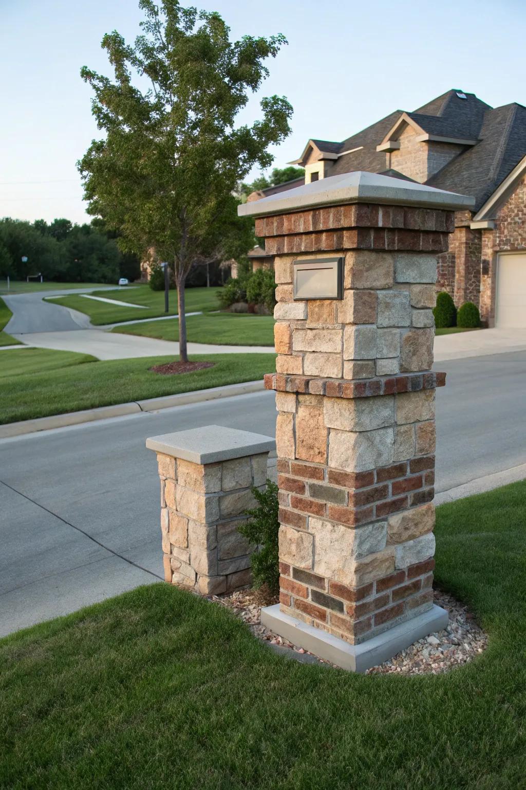A classic brick mailbox pillar enhanced with stone overlay.