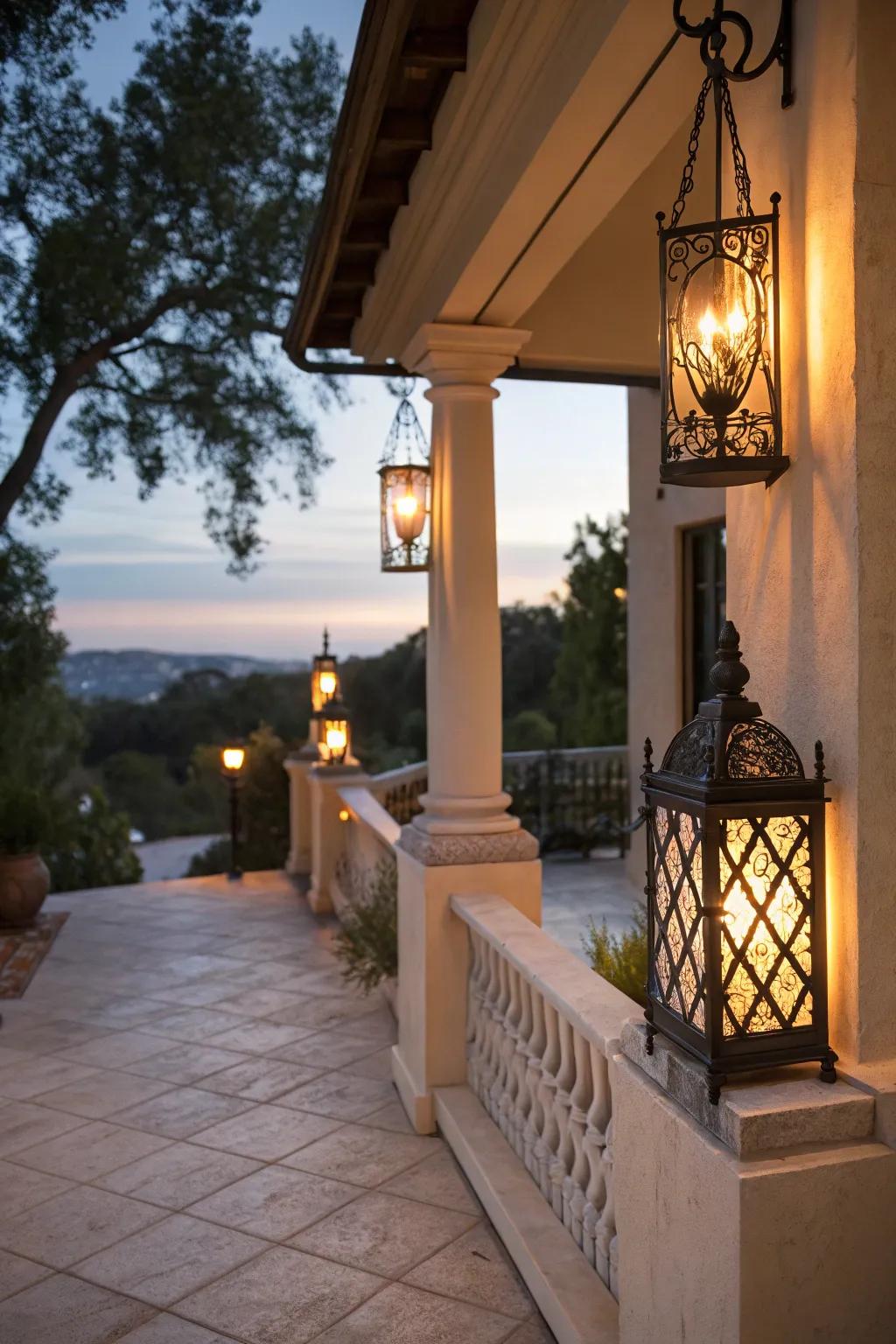 Stylish lanterns beautifully brighten this stucco porch.