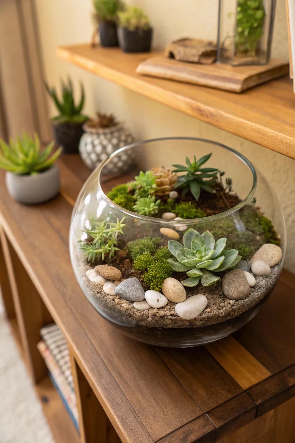 A miniature succulent terrarium packed with natural elements.