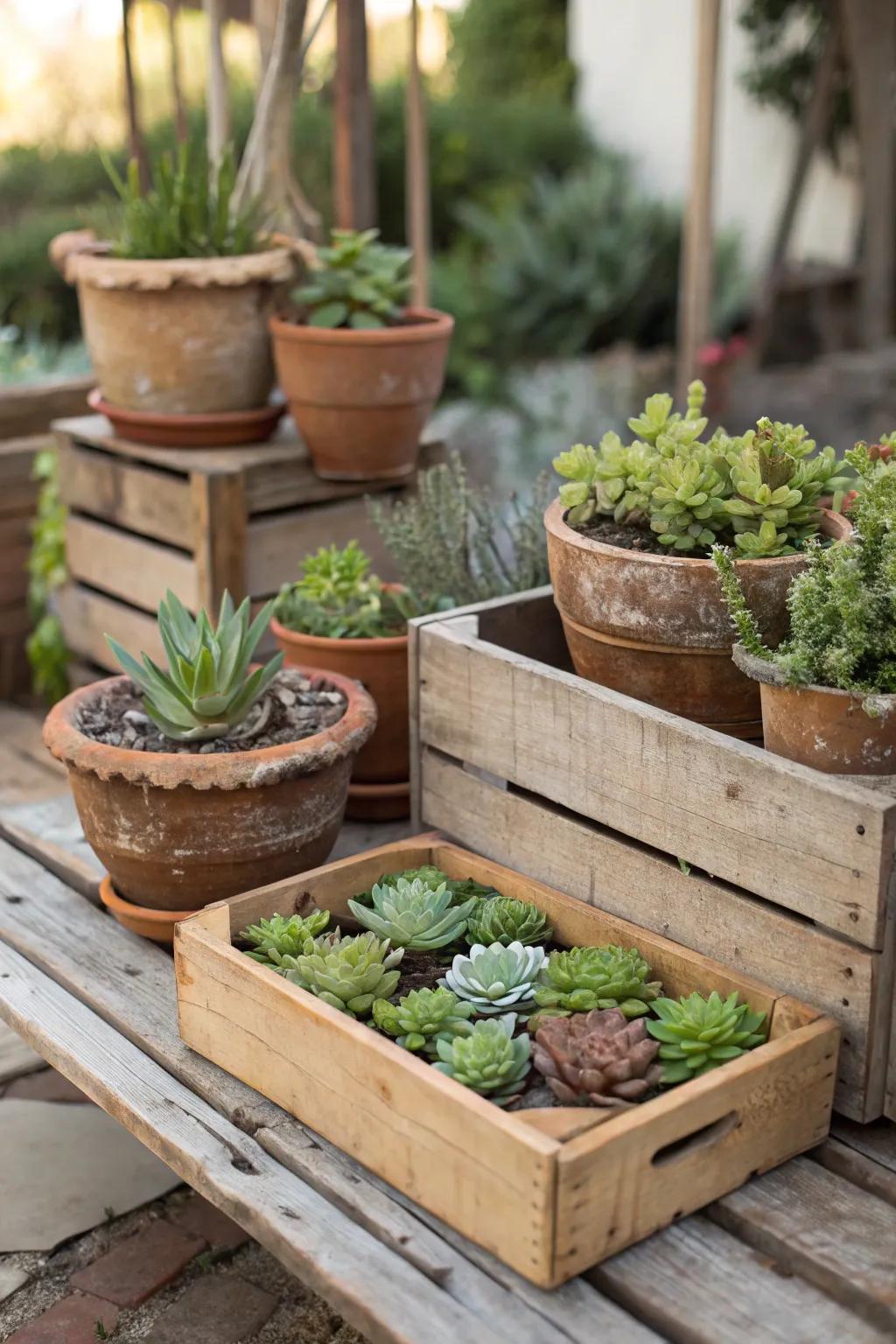 Rustic charm with clay pots and wooden crates filled with succulents.