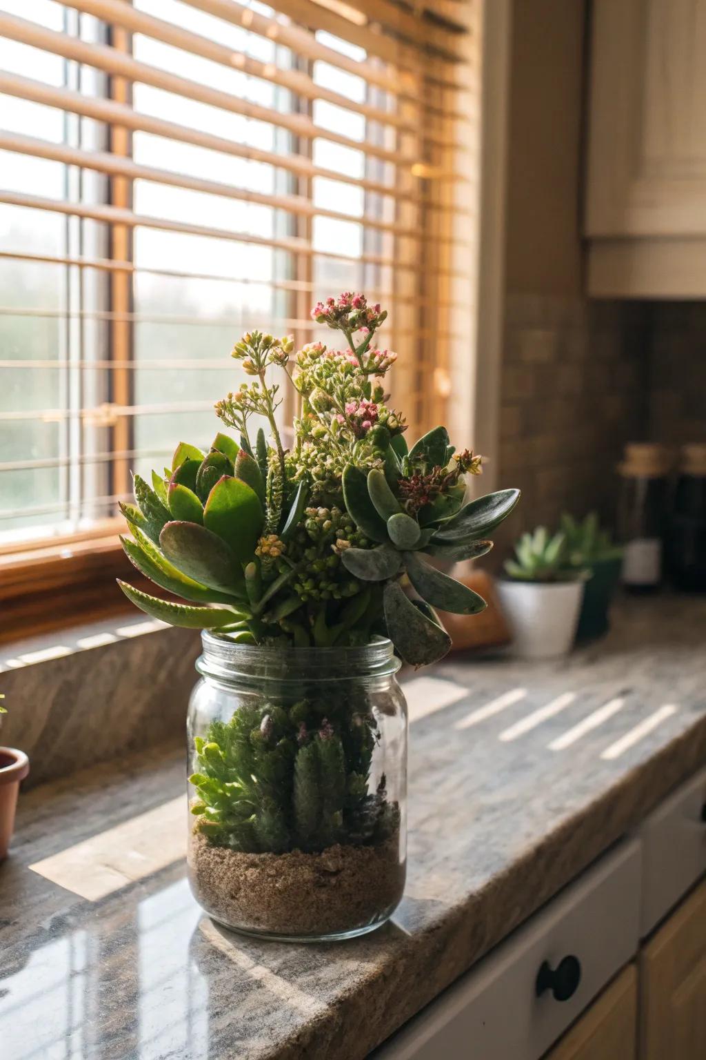 A rustic terrarium in a repurposed mason jar.
