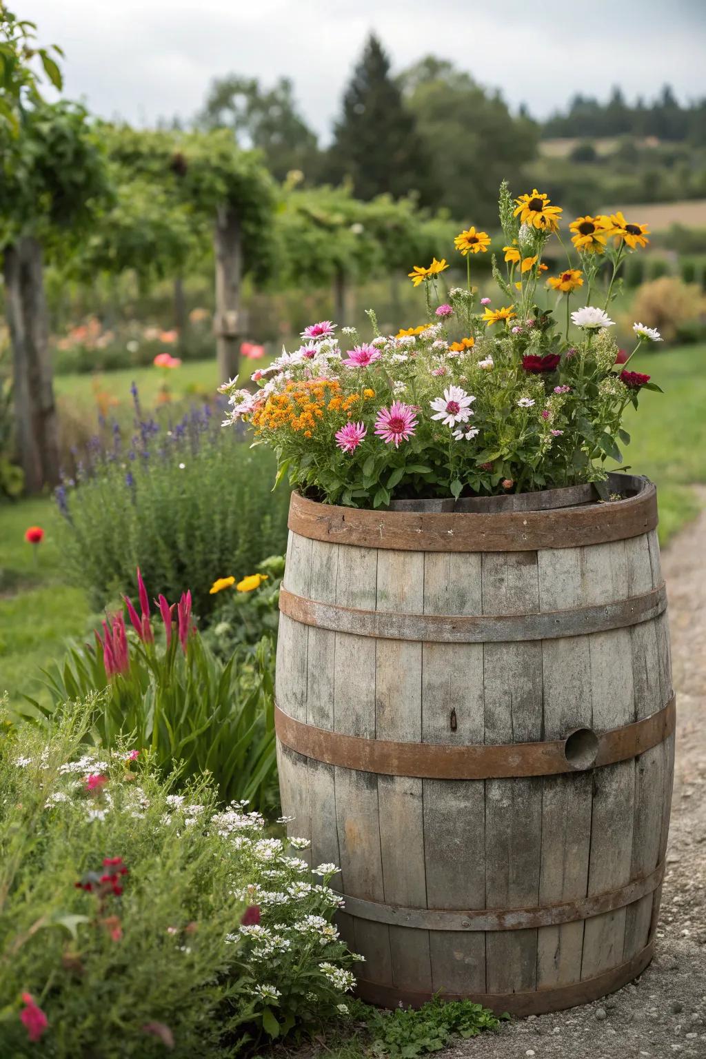 Homespun lumber cask featuring field blossoms