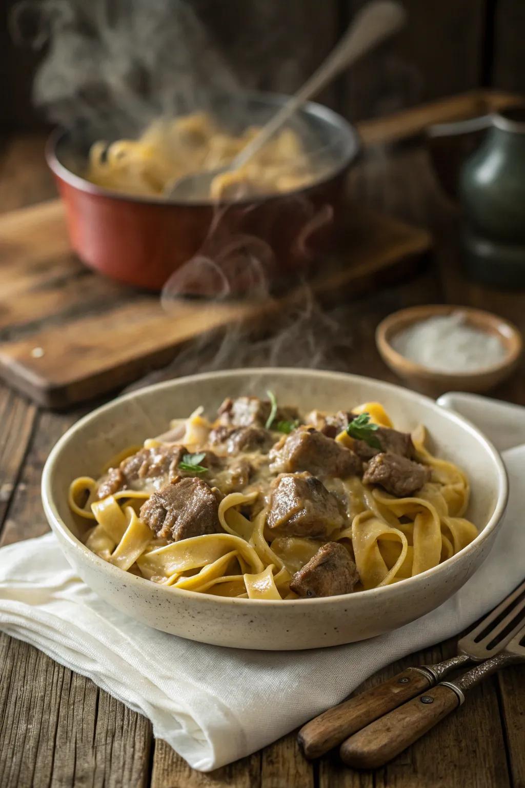 Classic beef stroganoff oven-baked dish, a tribute to traditional comfort food.