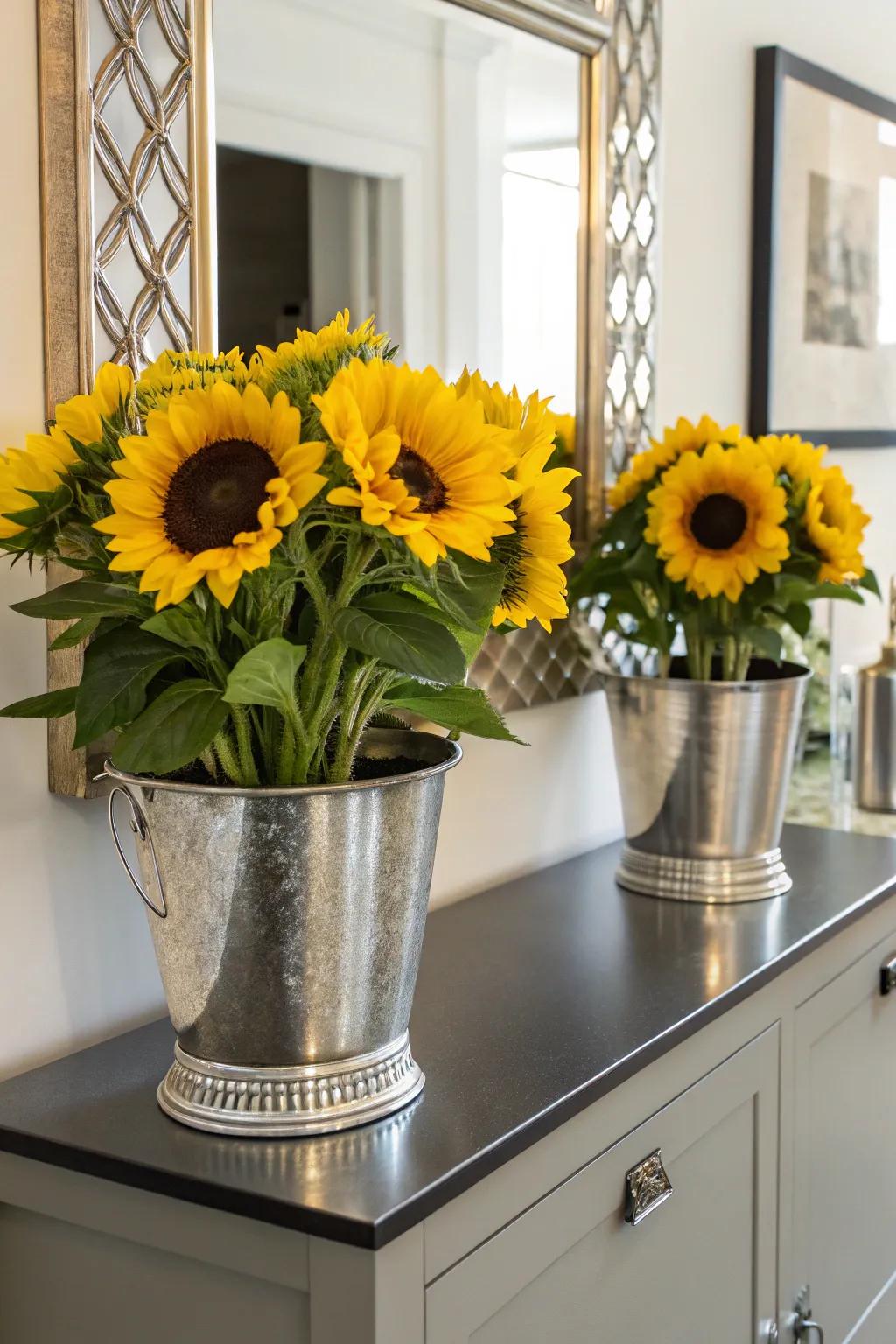 Unite natural and industrial aesthetics with sunflowers in metal vases.