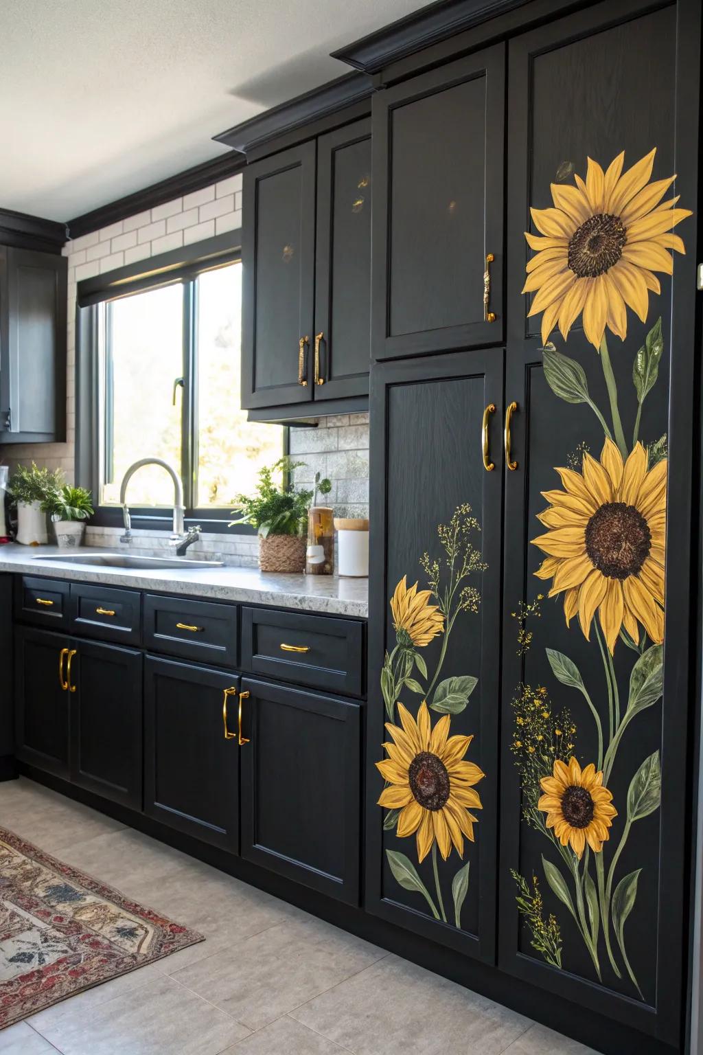 Dark cabinets with sunflower designs create a bold contrast.