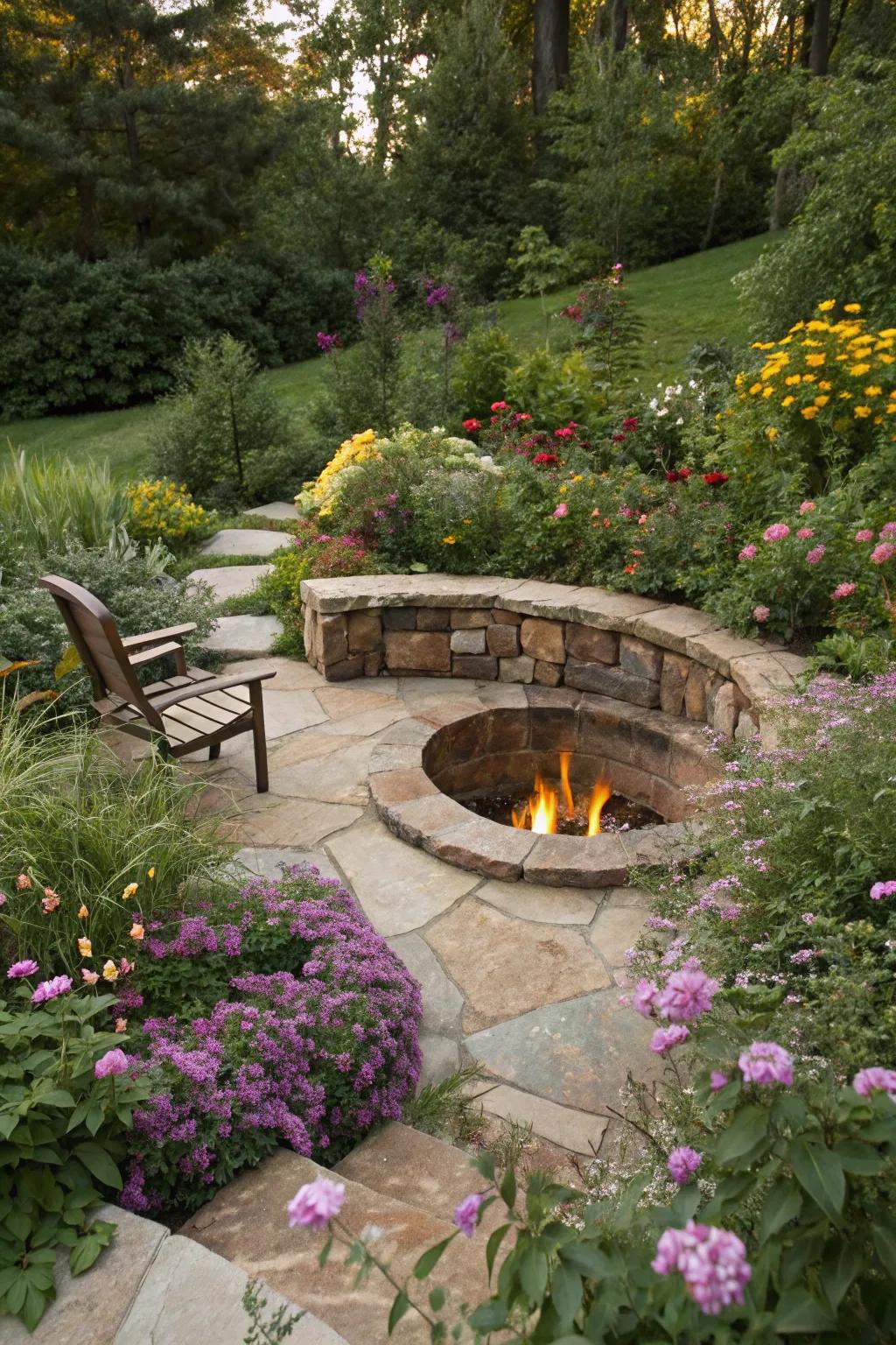 A yard sanctuary with a below-ground fire pit at its heart.