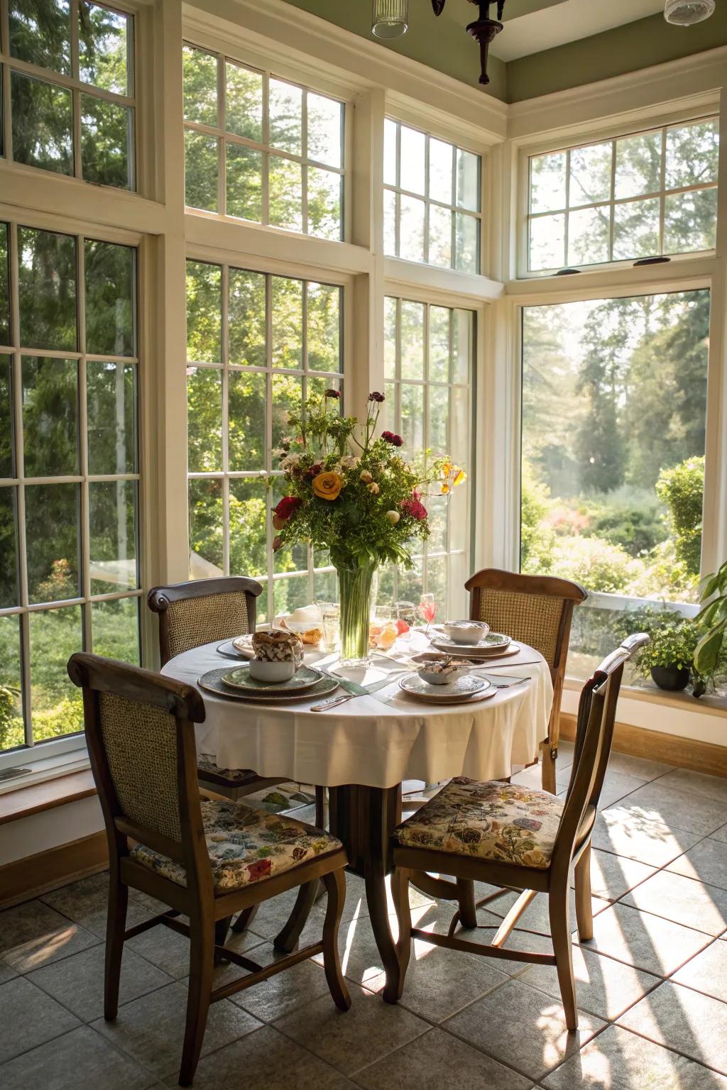 A sunroom has been turned into a lovely dining area.