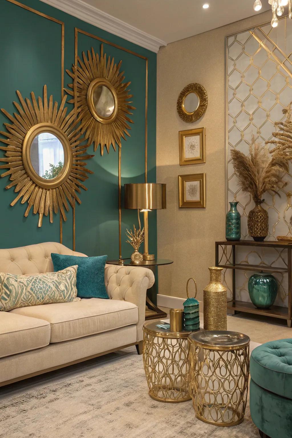 Metallic accents add elegance to the teal and beige theme.