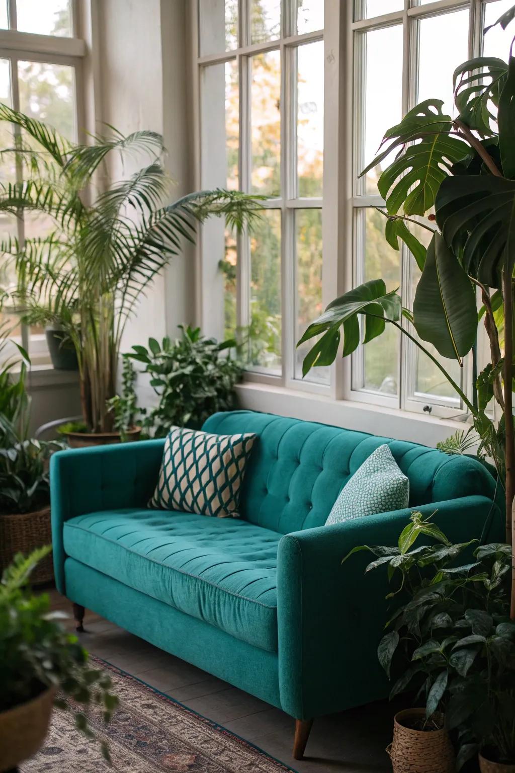 Lush greenery enhances the freshness of a teal sofa.