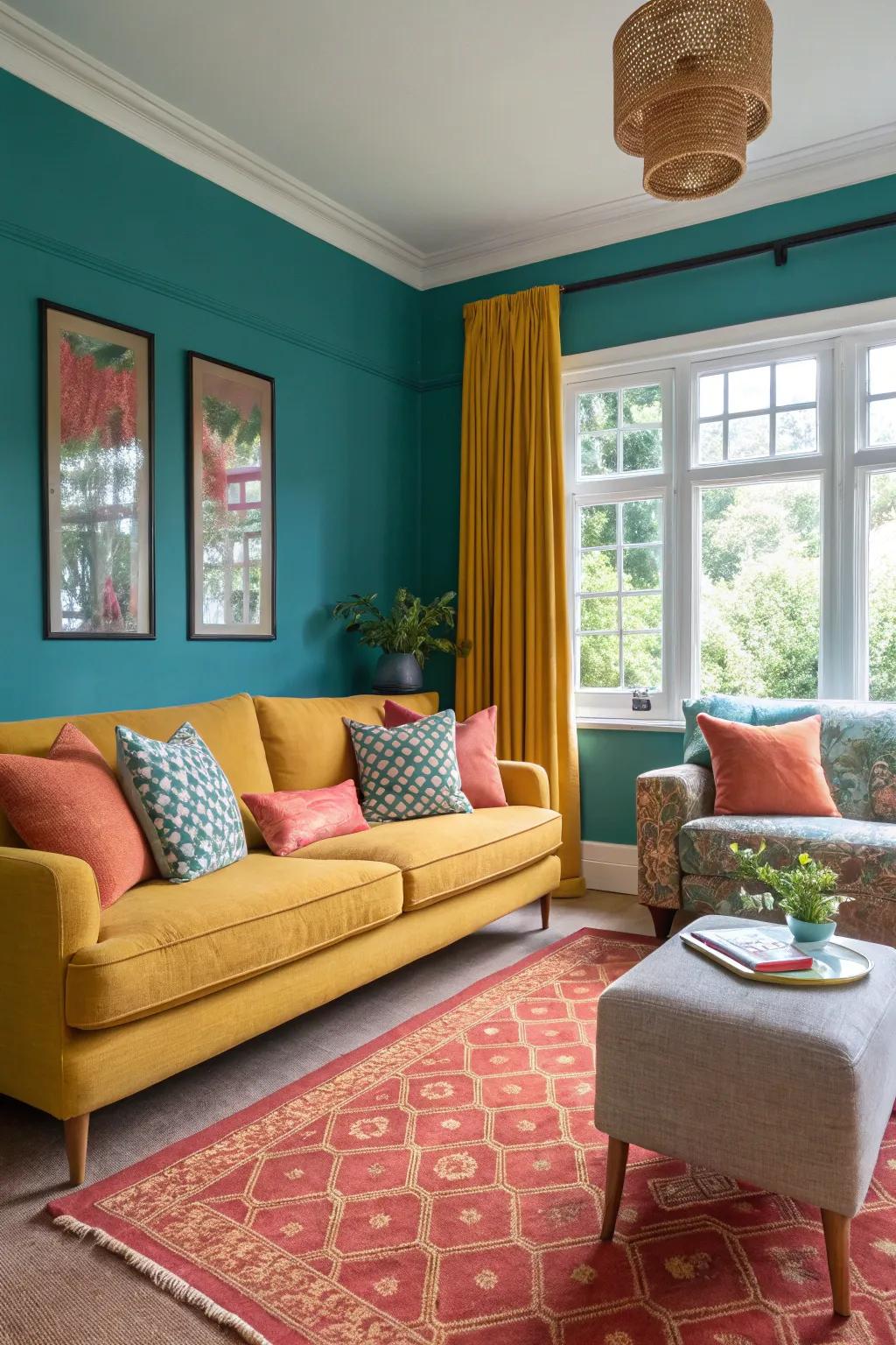 The warm colors of mustard and coral make the room feel welcoming.