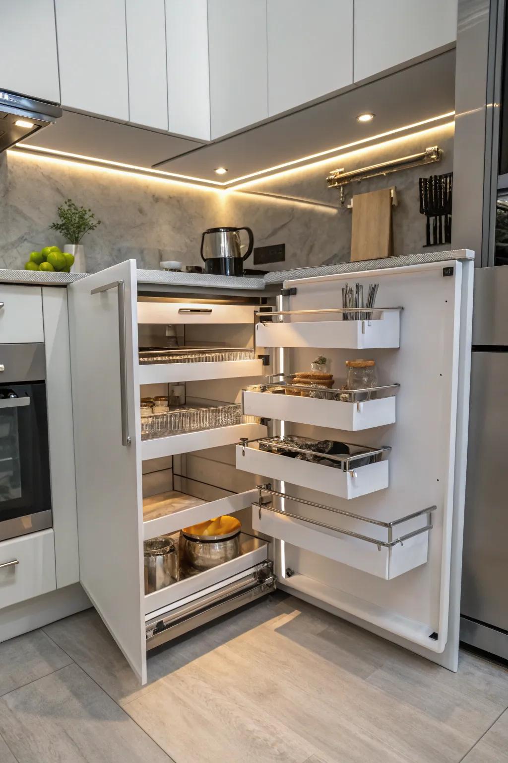 Utilizing corner spaces with inventive storage solutions.