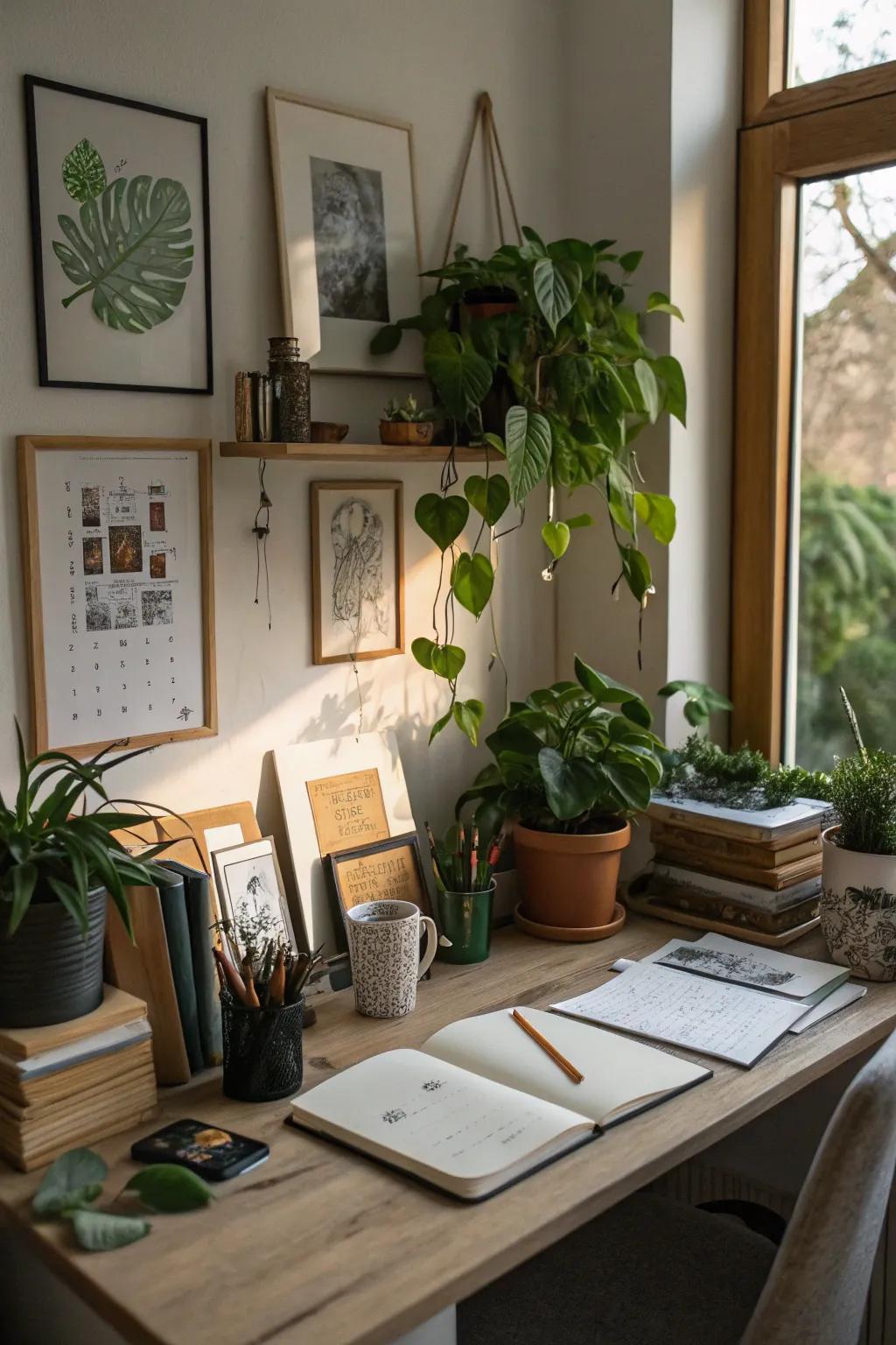 Personal decor elements add warmth and character to a workspace.
